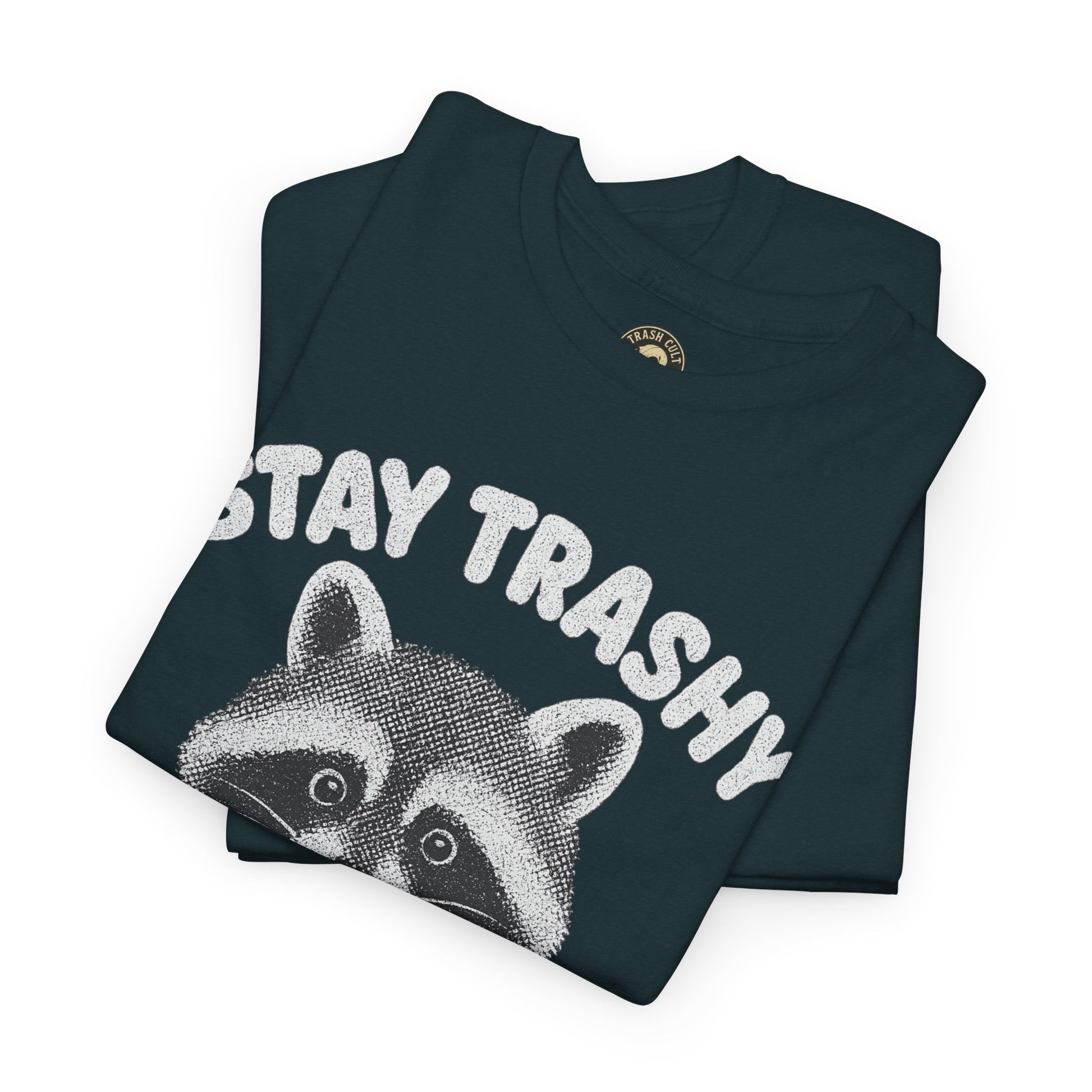 Stay Trashy Raccoon Iced Coffee Shirt – Halftone All White Design | Trash Cult Supply Co.