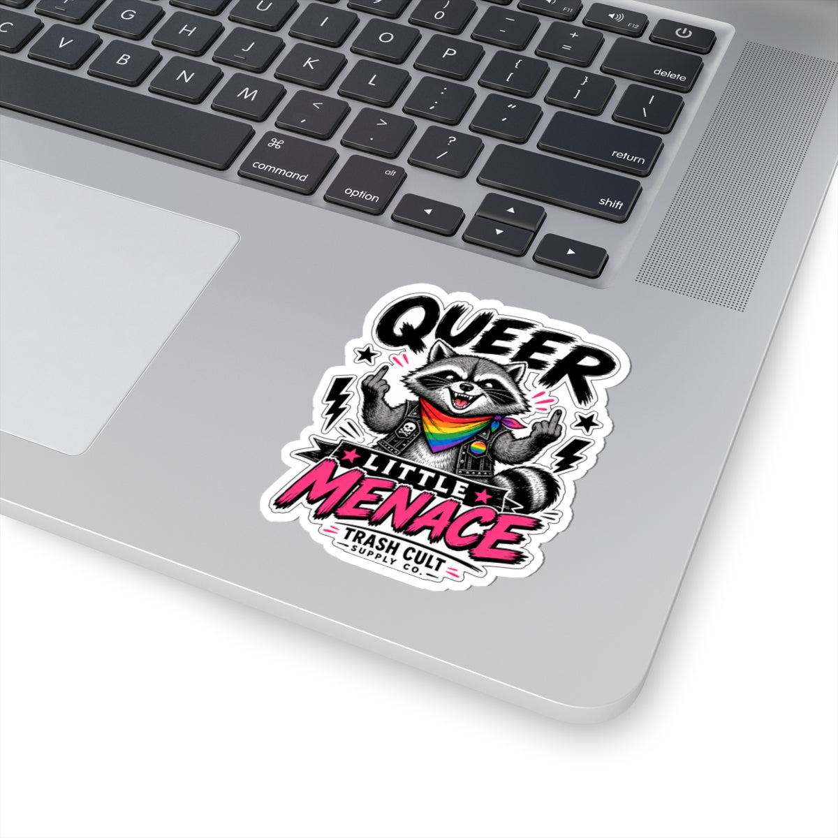 Queer Little Menace Sticker — Rainbow Raccoon Kiss-Cut Decal for Laptops & Pride