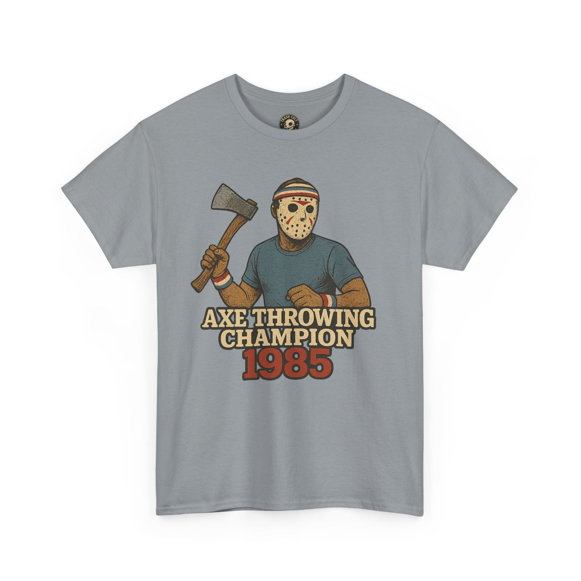 Jason Voorhees Axe Throwing Champion 1985 T-Shirt – Retro Slasher Workout Parody | Gildan 5000 Tee