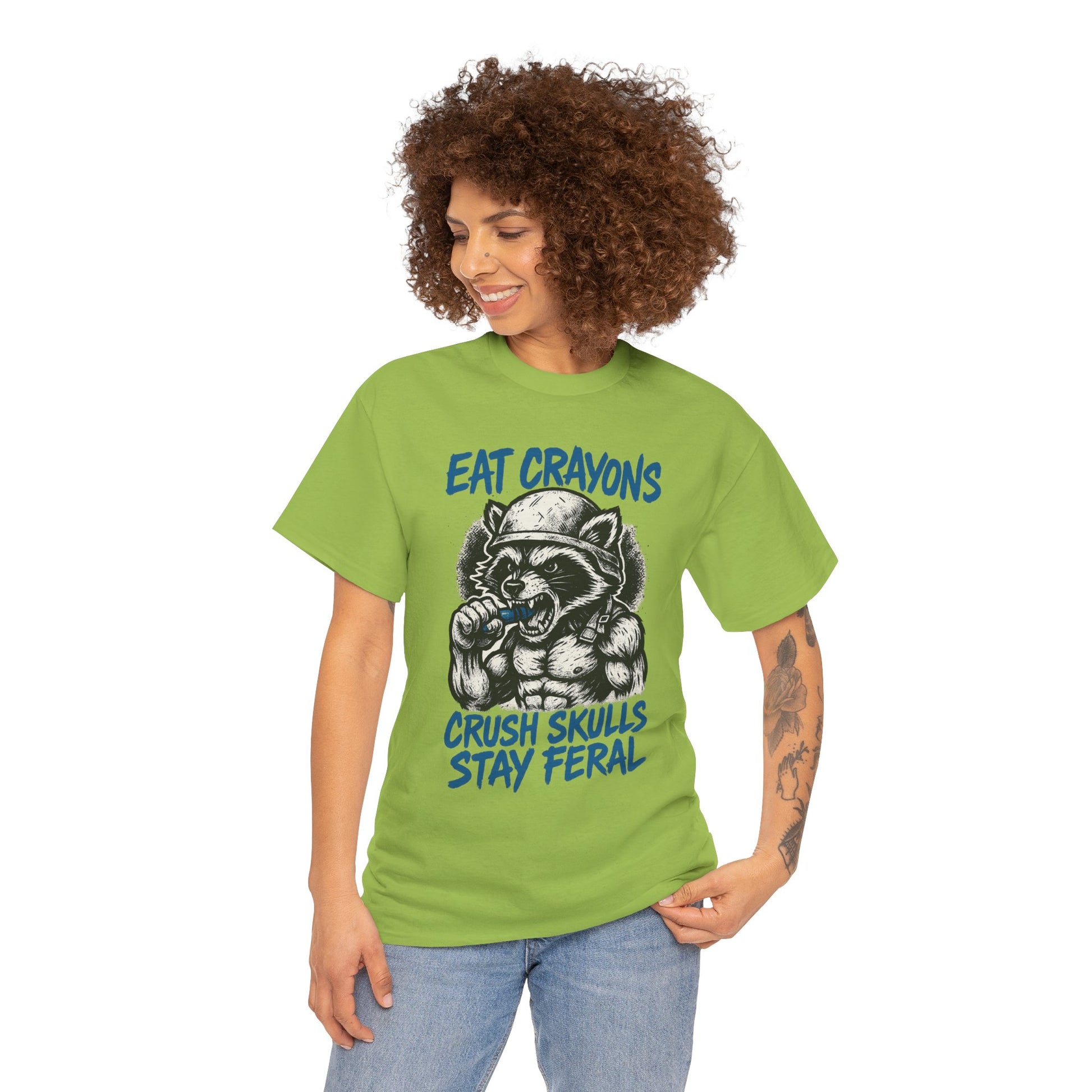Eat Crayons Crush Skulls Stay Feral Military Raccoon Shirt – Gildan 5000