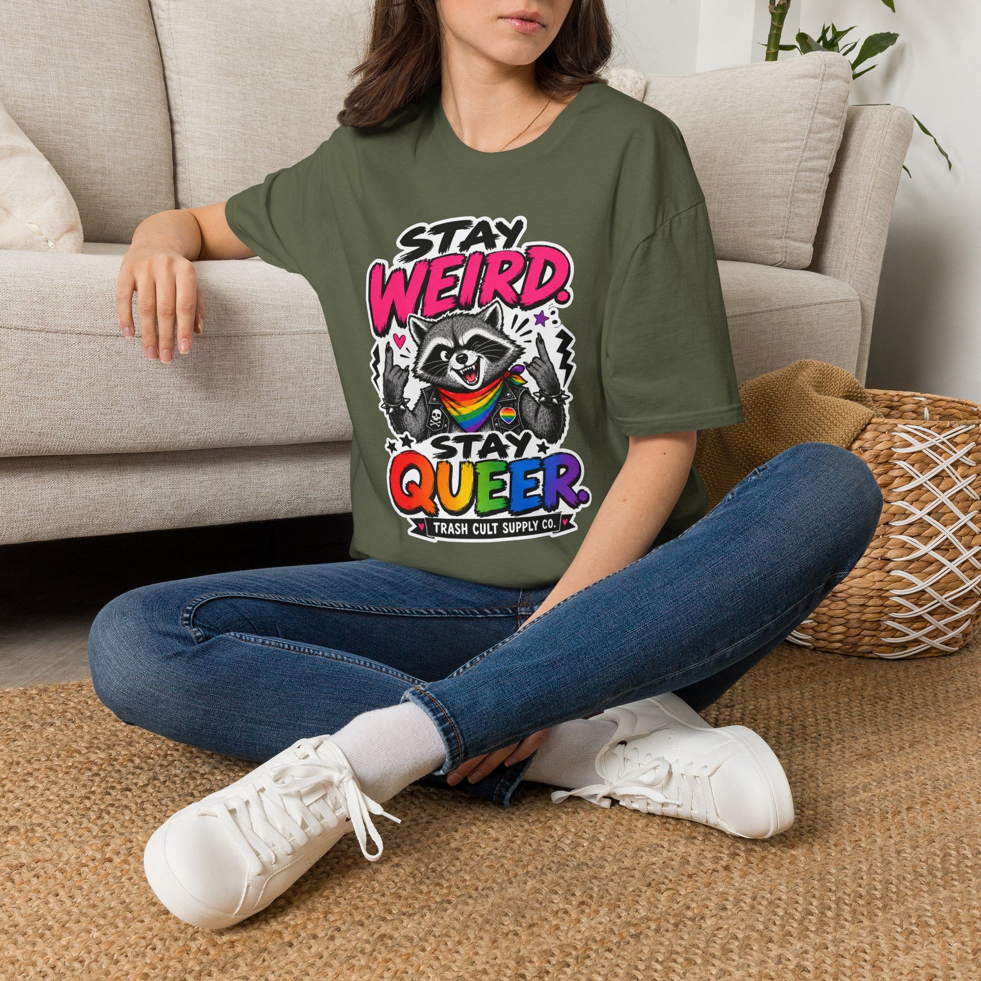 T-Shirt — "Stay Weird" Pride Raccoon Tee (Stay Queer)