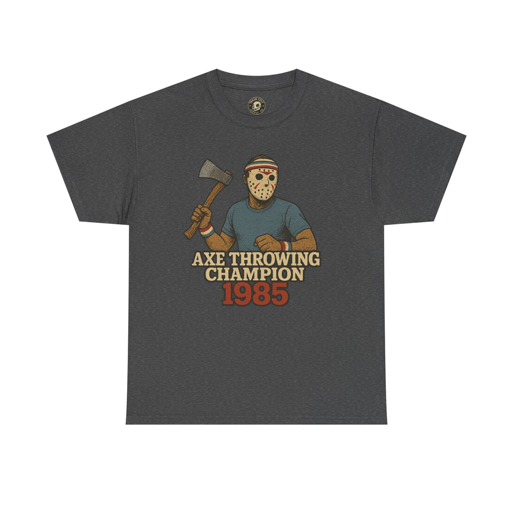 Jason Voorhees Axe Throwing Champion 1985 T-Shirt – Retro Slasher Workout Parody | Gildan 5000 Tee