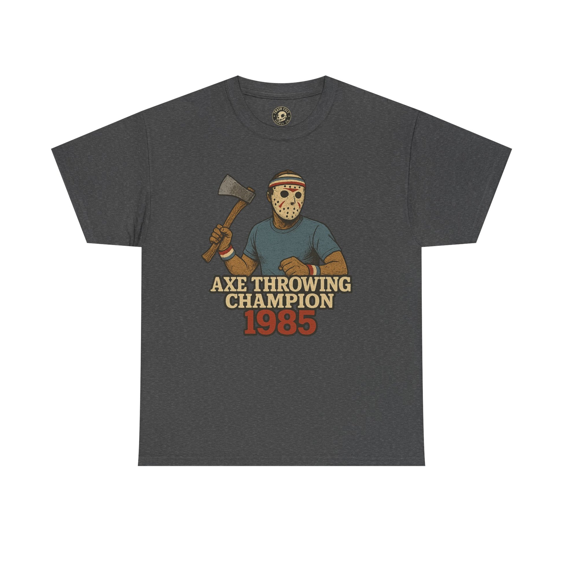 Jason Voorhees Axe Throwing Champion 1985 T-Shirt – Retro Slasher Workout Parody | Gildan 5000 Tee