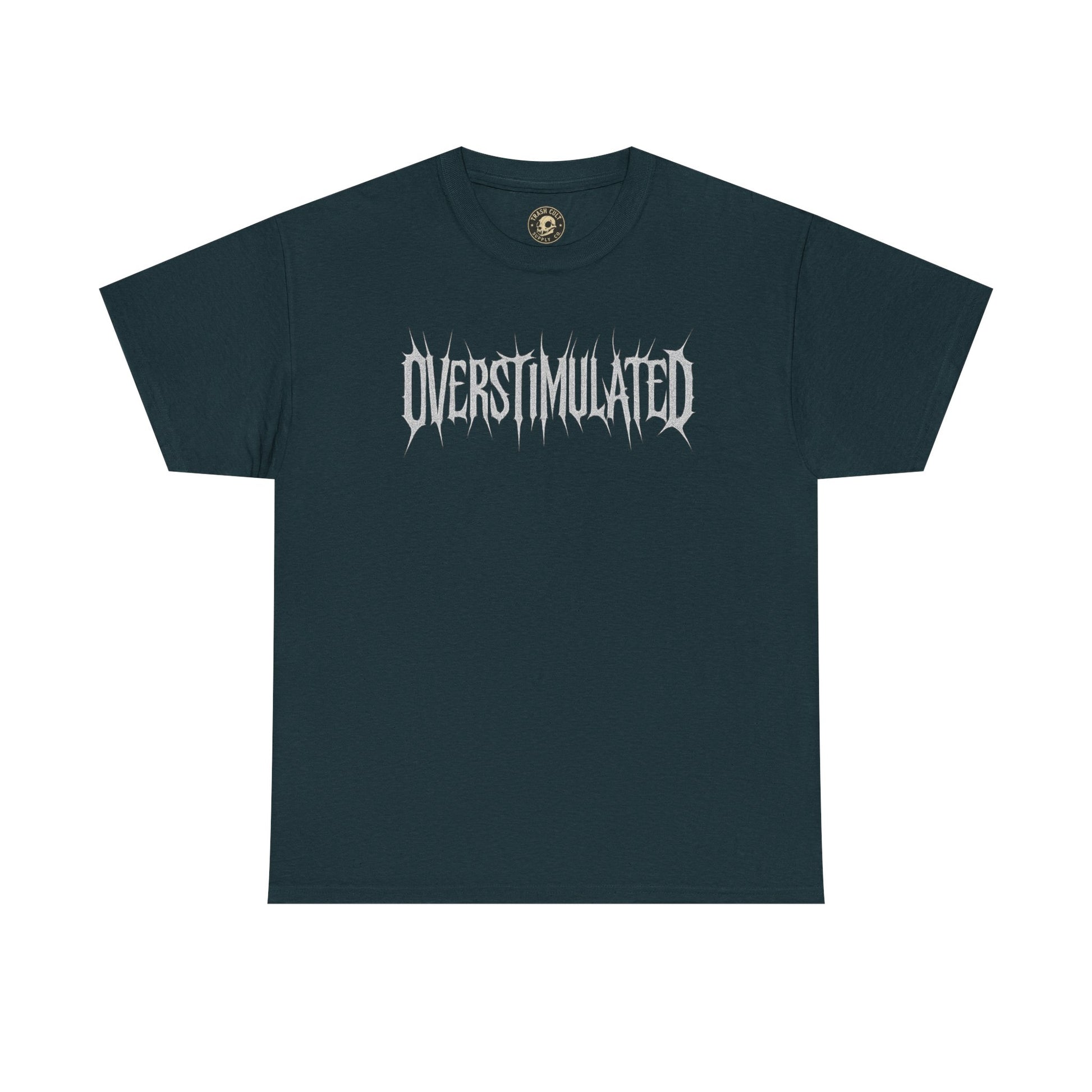 OVERSTIMULATED Metalcore Grunge Shirt – White on Black Distressed Font Tee