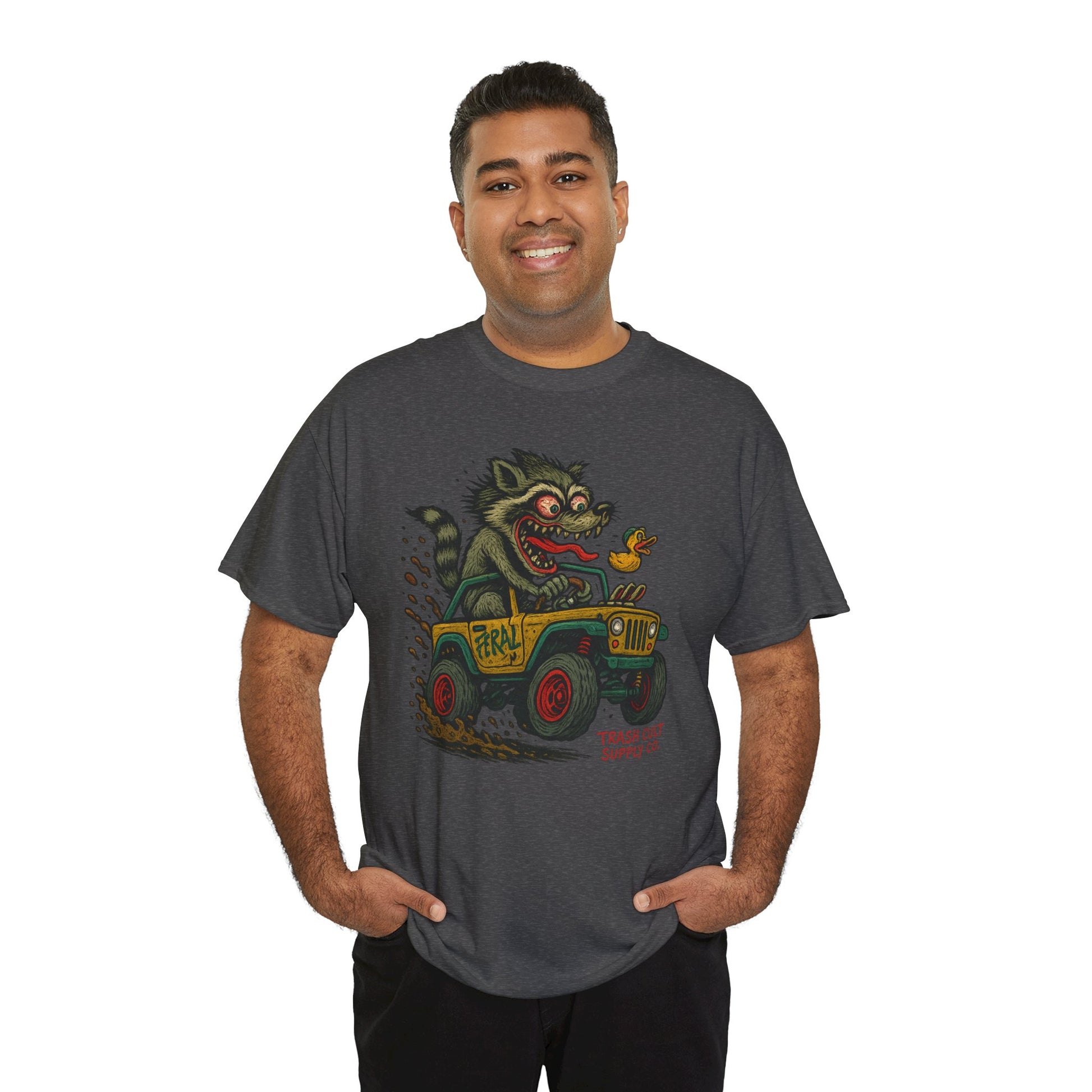 Feral Jeep Raccoon Shirt – Ed Roth Style Off-Road Chaos | Trash Cult Supply Co | Gildan 5000 Tee