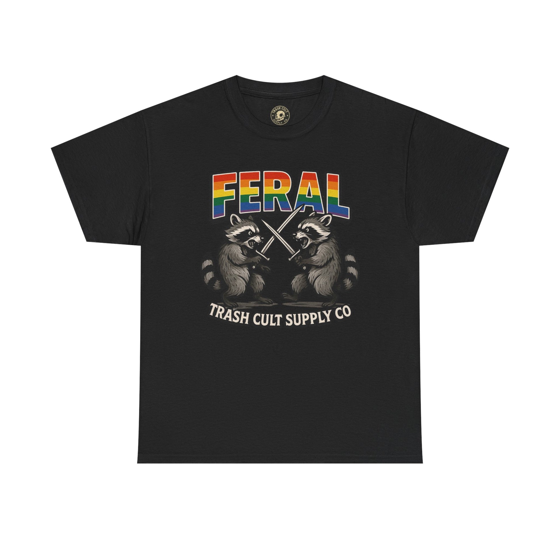 FERAL Rainbow Raccoon Sword Fighting Graphic Tee – Gildan 5000 Heavy Cotton