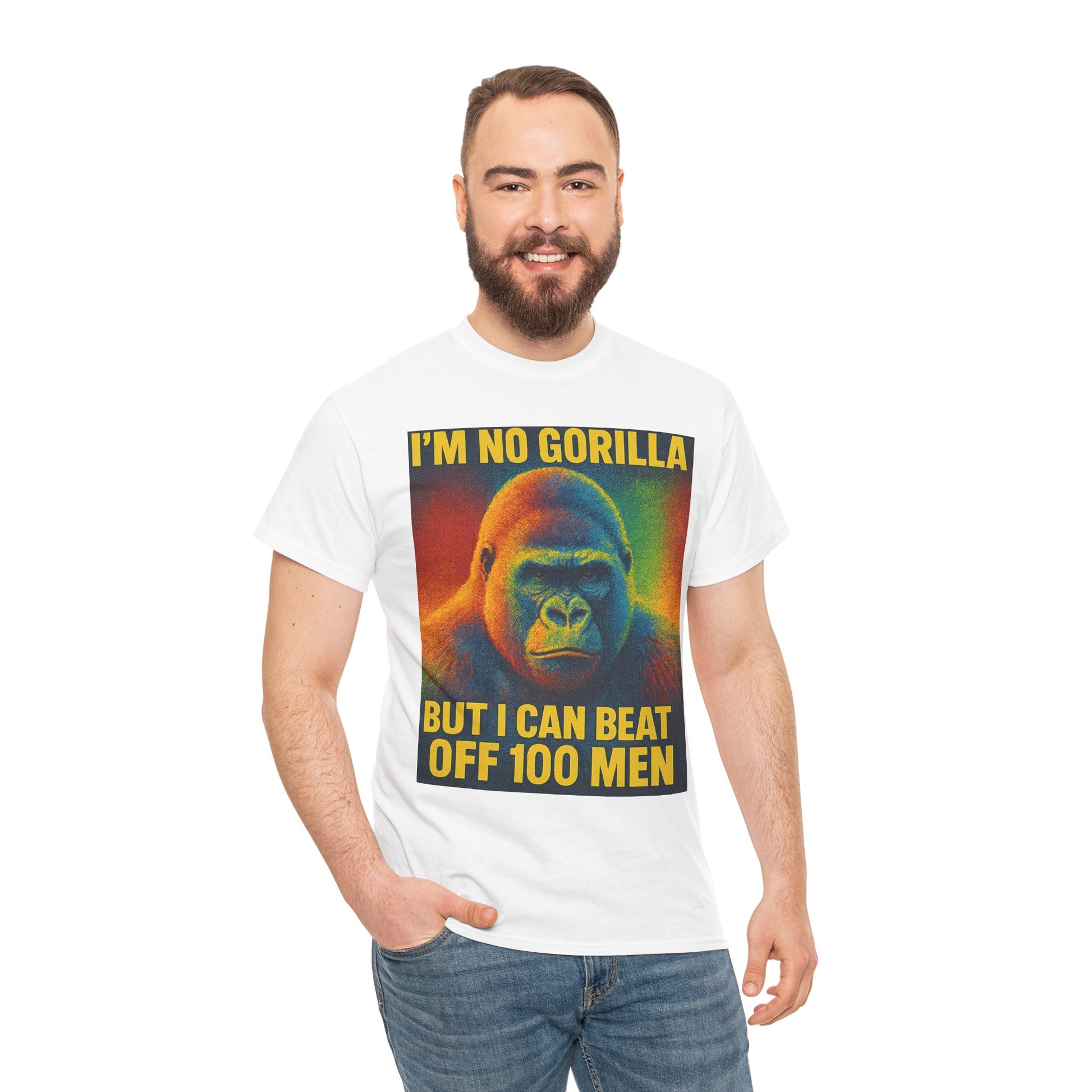 I’m No Gorilla But I Can Beat Off 100 Men Shirt – Multicolor Halftone Gorilla Tee on Gildan 5000
