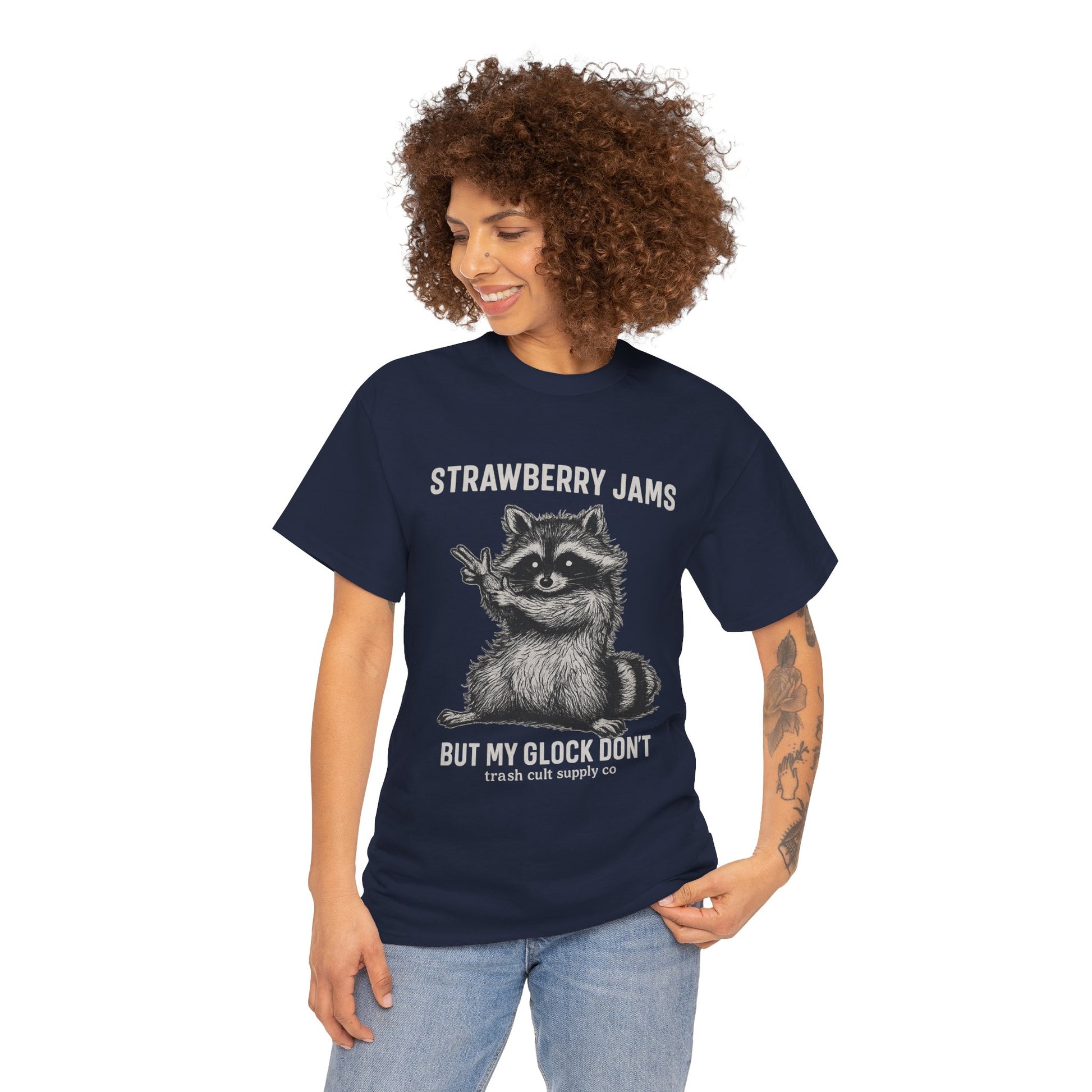 Strawberry Jams But My Glock Don’t Raccoon Shirt – Trash Cult Supply Co. Gildan 5000 Tee