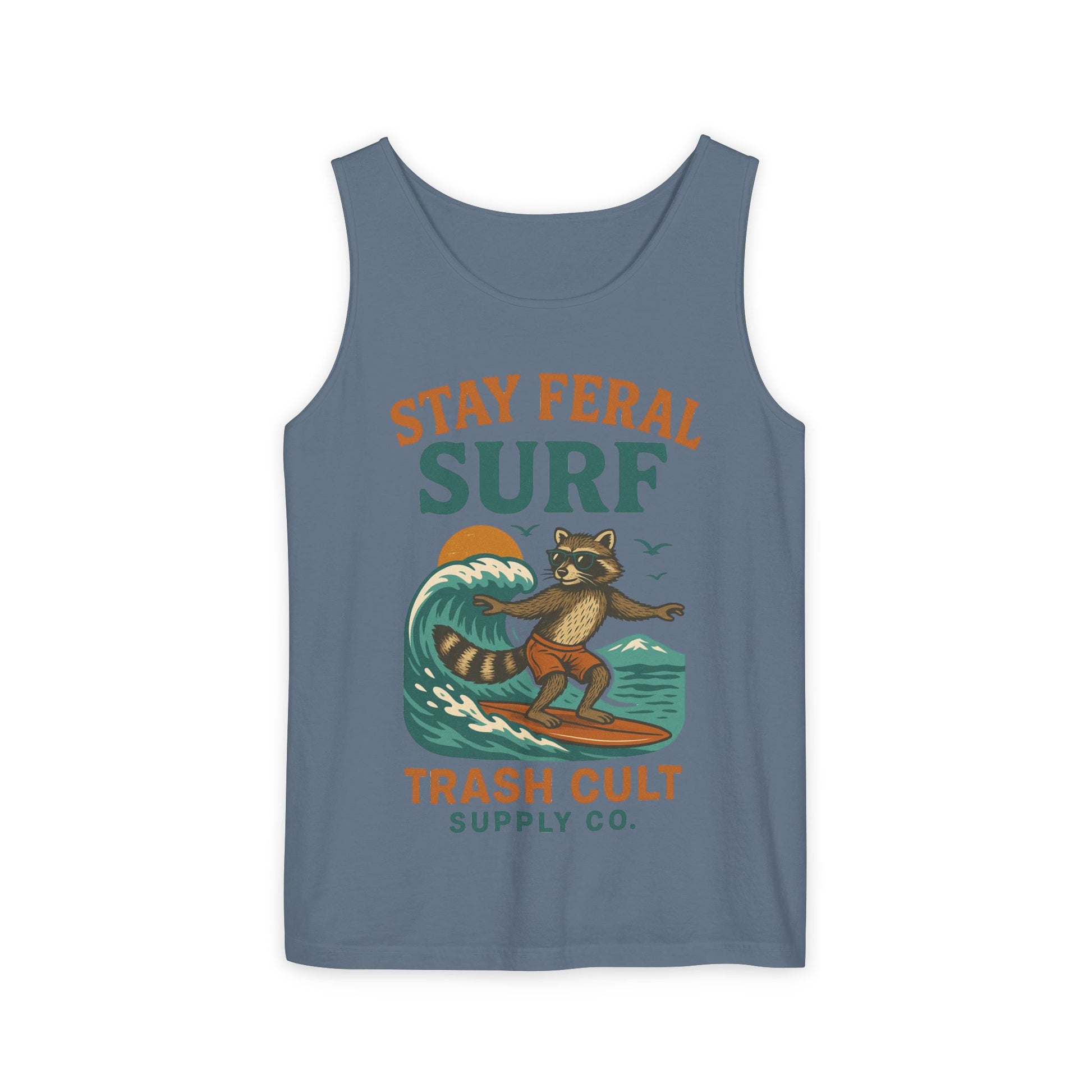 Stay Feral Surf Tank Top – Retro Raccoon Beach Tank – Trash Cult Supply Co – Comfort Colors 9360