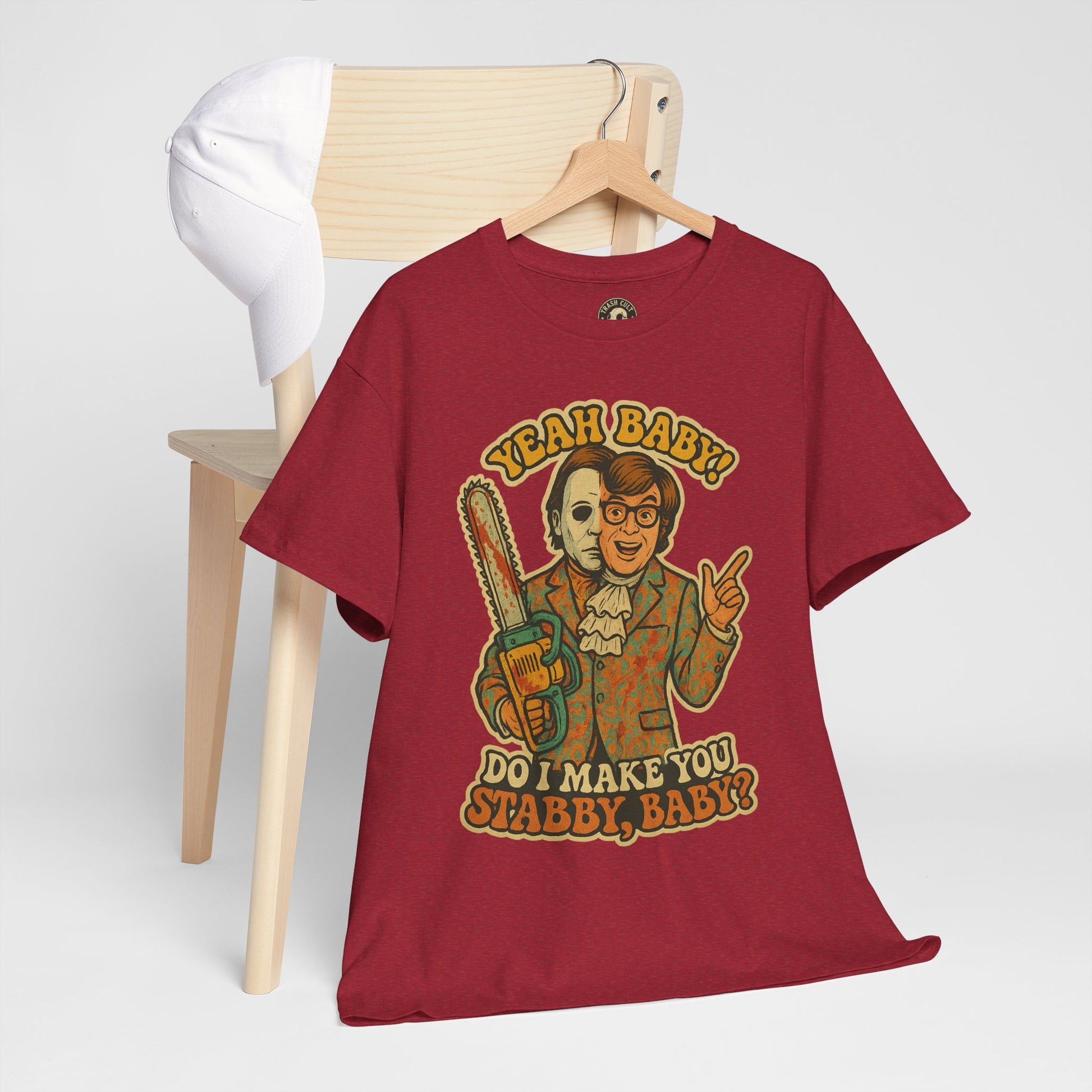 Mike Myers Parody Shirt – “Do I Make You Stabby, Baby?” Funny Horror Mashup Tee – Gildan 5000 Unisex