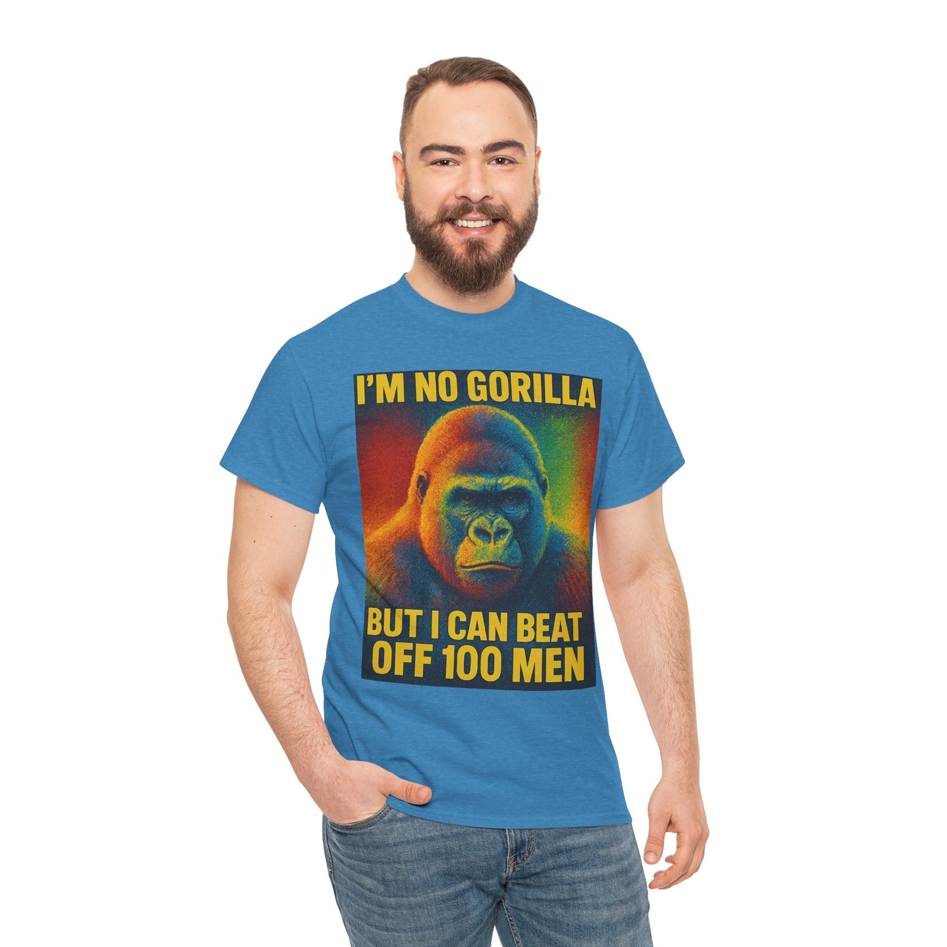 I’m No Gorilla But I Can Beat Off 100 Men Shirt – Multicolor Halftone Gorilla Tee on Gildan 5000