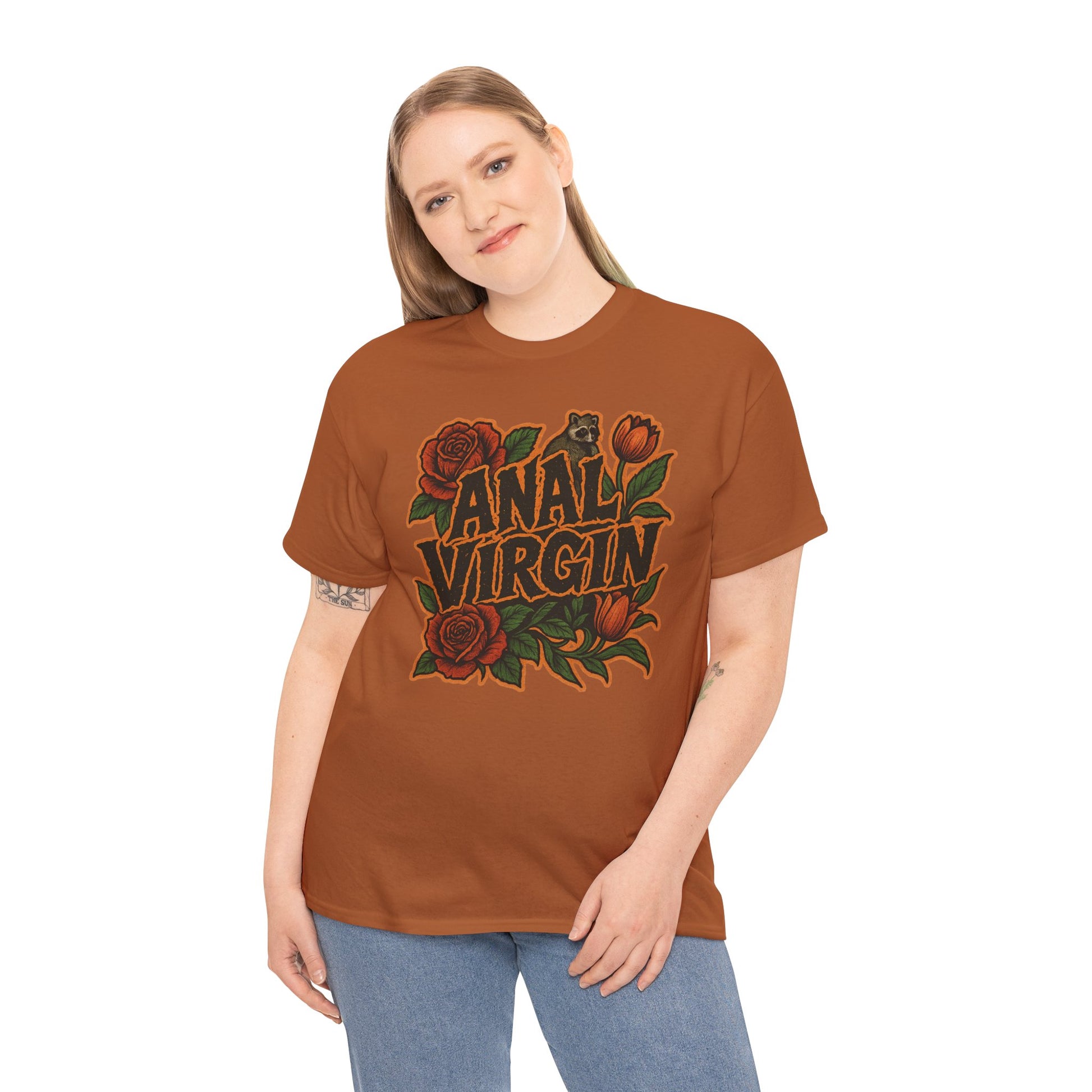 Anal Virgin Bold Floral Trashcore Tee – Funny Raccoon Shirt – Gildan 5000