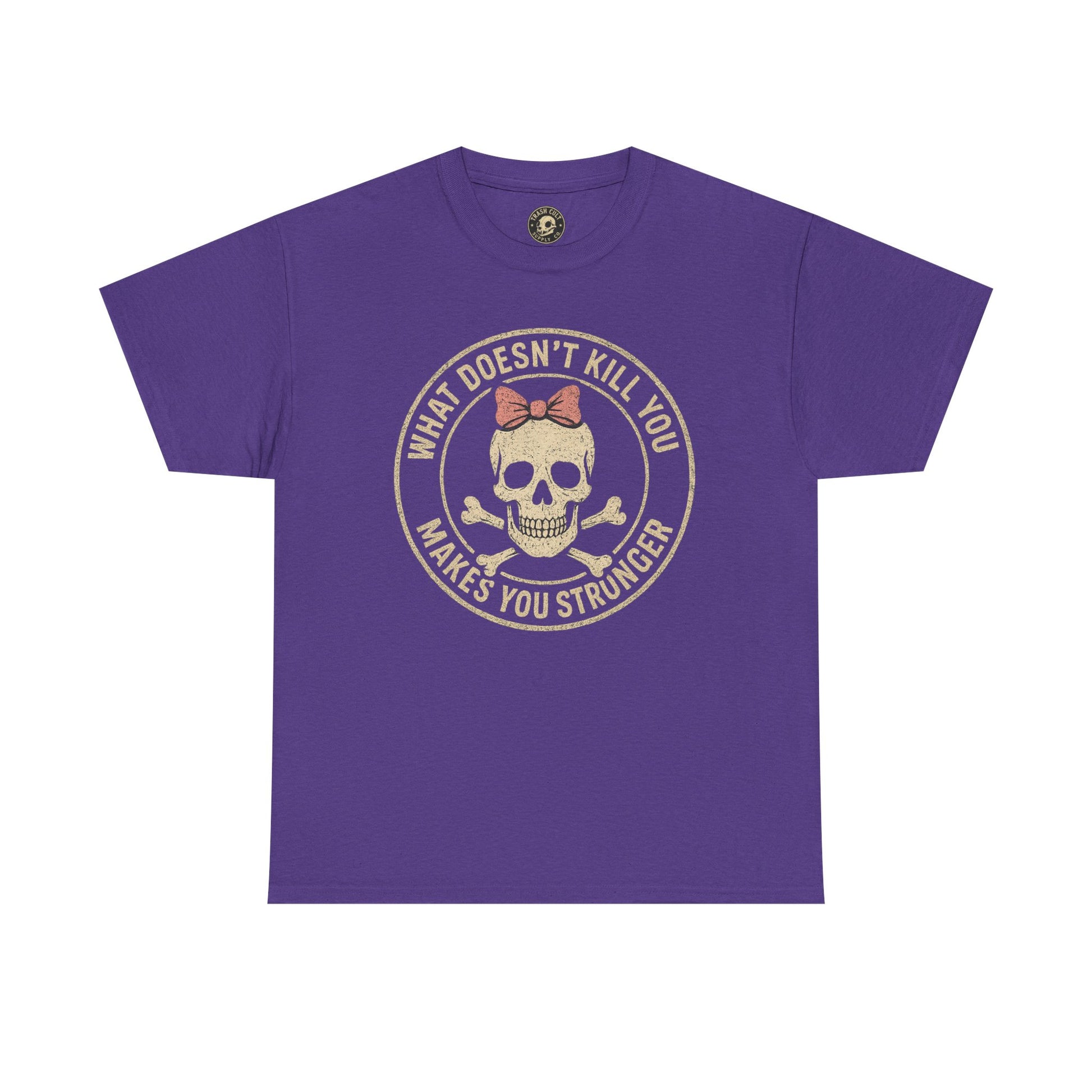 “What Doesn’t Kill You Makes You Stronger” Skull & Bow T-Shirt – Vintage Grunge Graphic | Gildan 5000