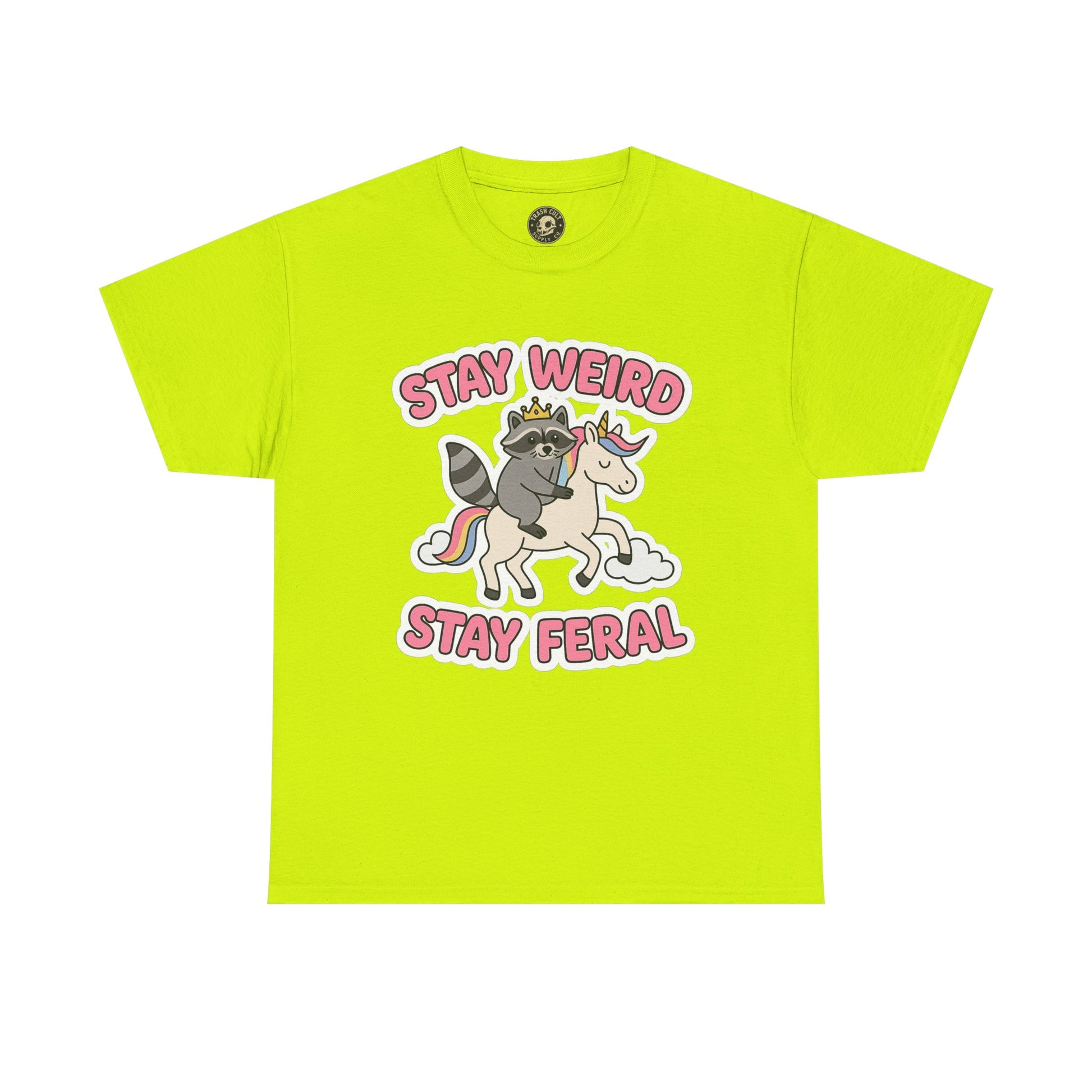 Stay Weird Stay Feral Shirt – Raccoon & Unicorn – High Visibility Gildan 5000 Tee