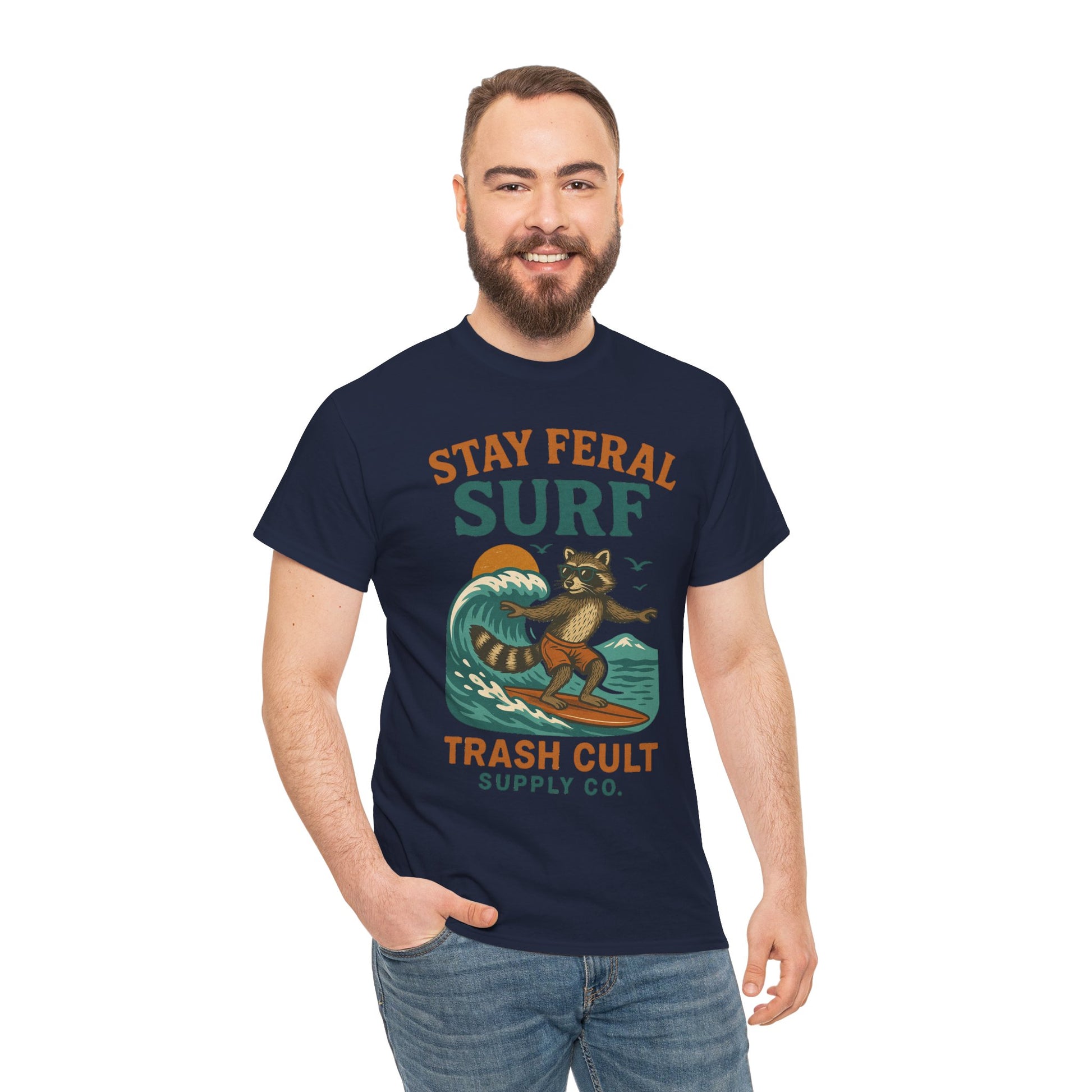 Stay Feral Surf Shirt – Retro Raccoon Beach Tee – Trash Cult Supply Co – Gildan 5000