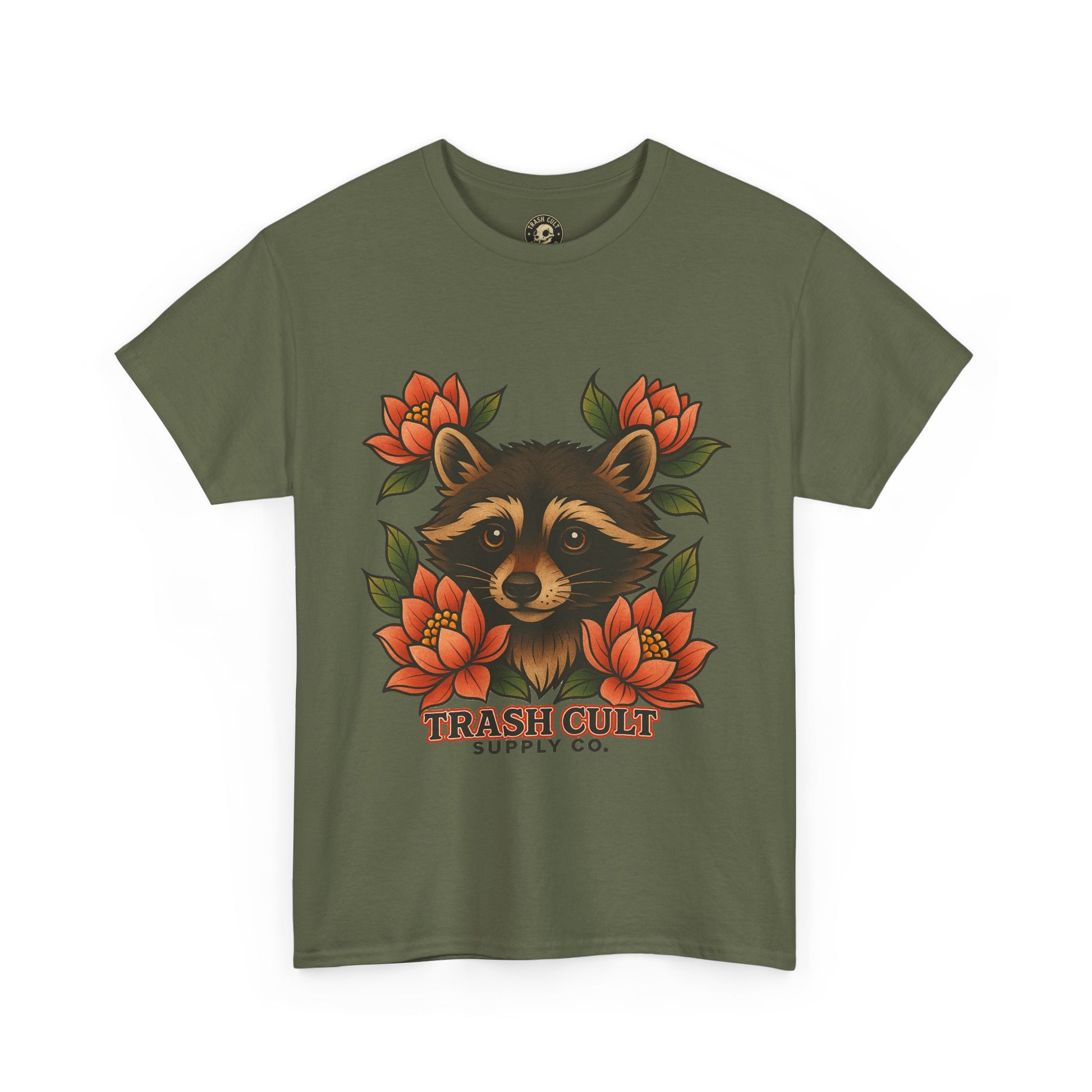 Neo-Traditional Raccoon & Lotus Tattoo Shirt – Trash Cult Supply Co. – Gildan 5000