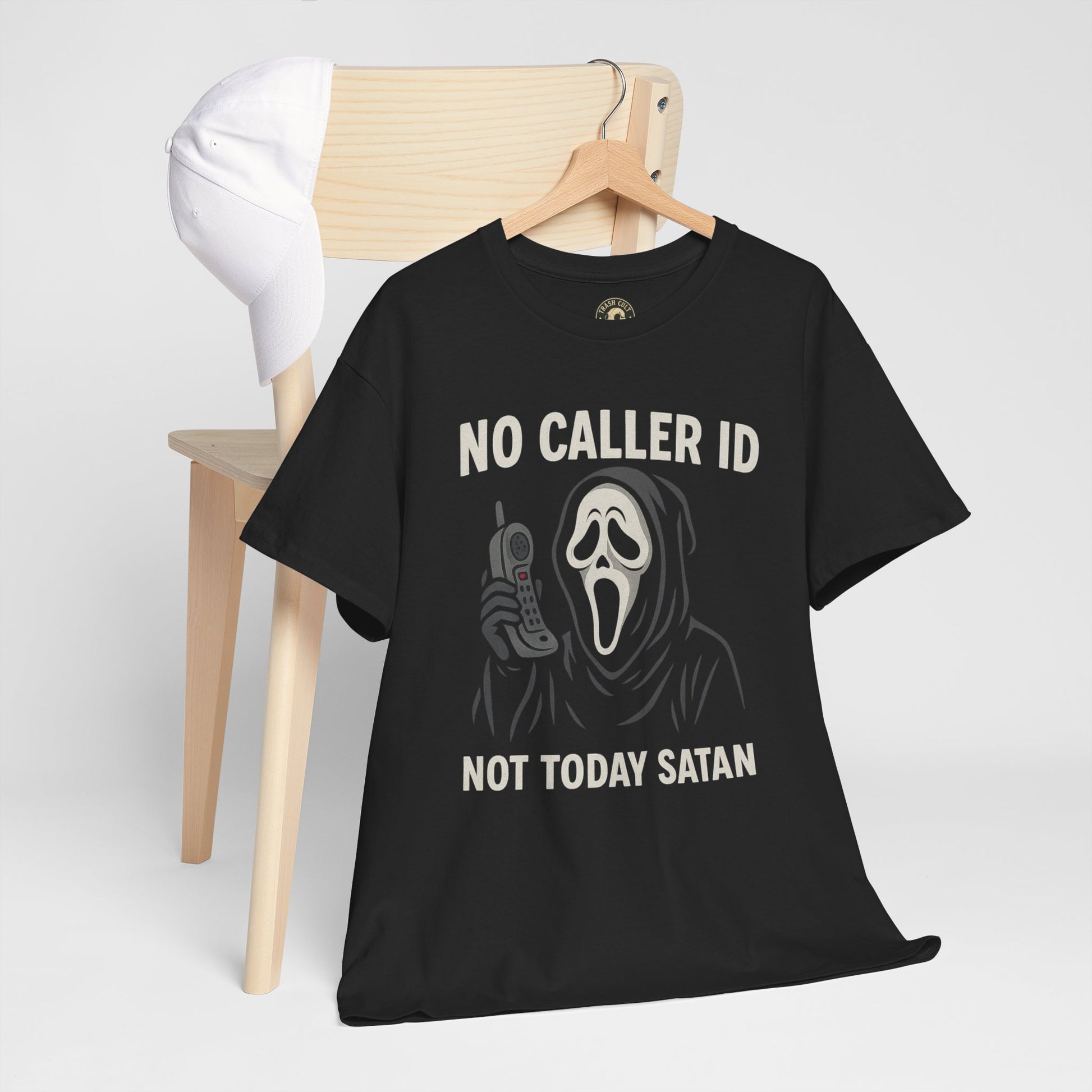 “No Caller ID Not Today Satan” Ghostface Parody Shirt – Funny Horror Graphic Tee – Gildan 5000