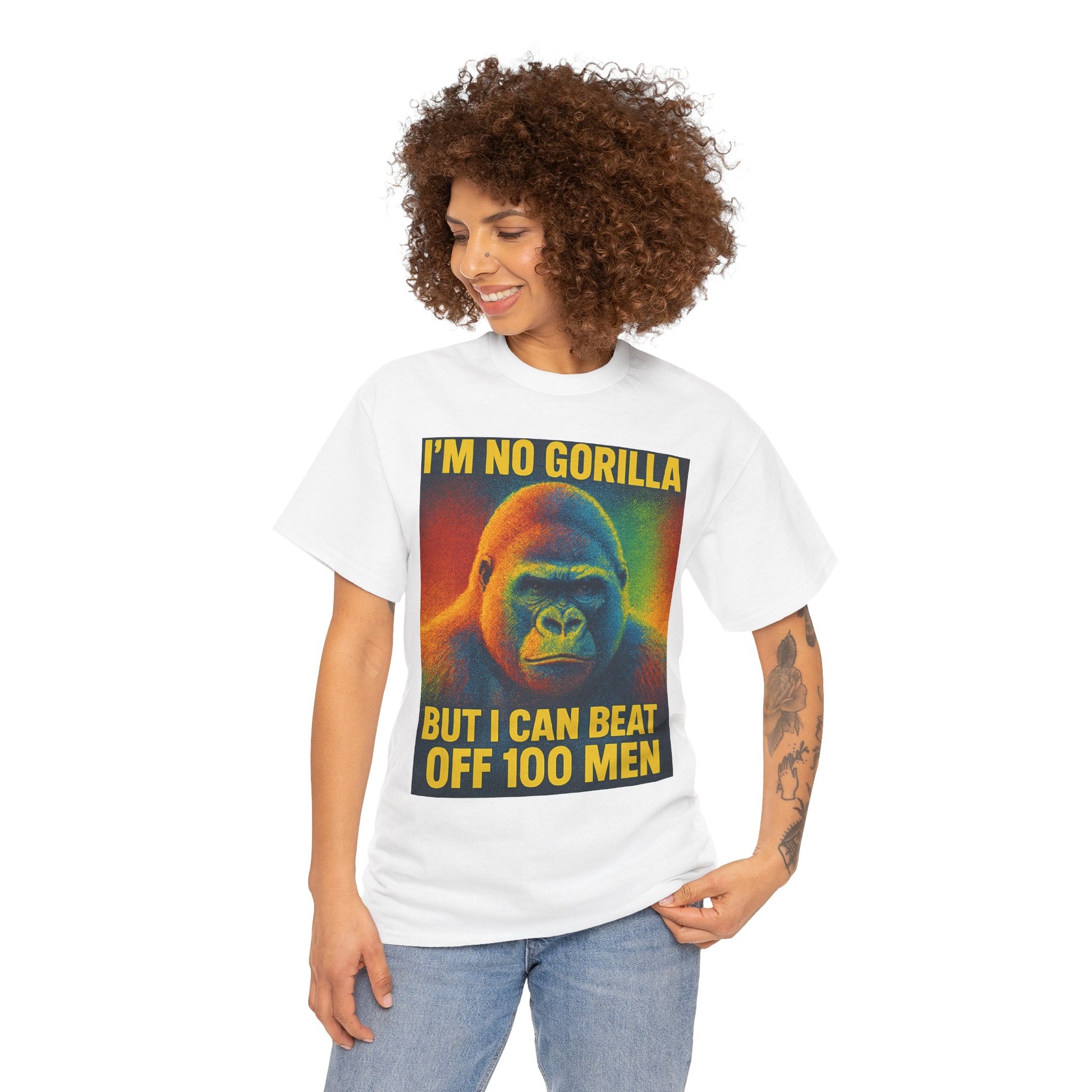I’m No Gorilla But I Can Beat Off 100 Men Shirt – Multicolor Halftone Gorilla Tee on Gildan 5000