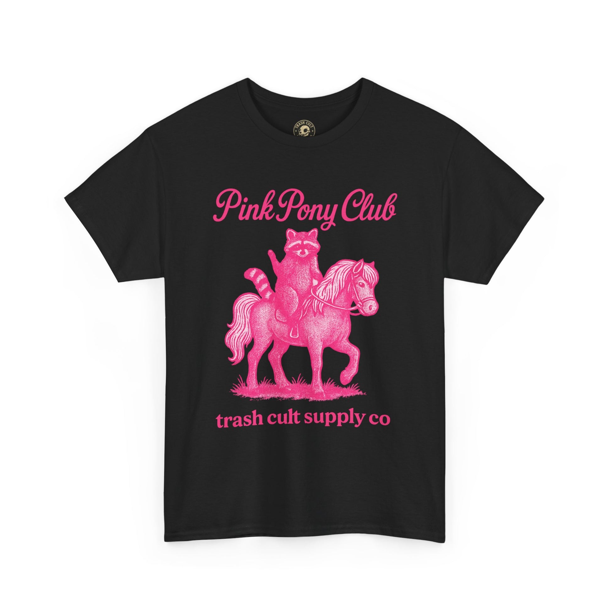 Pink Pony Club Raccoon Riding Pony Shirt – Vintage Hot Pink Halftone Tee by Trash Cult Supply Co
