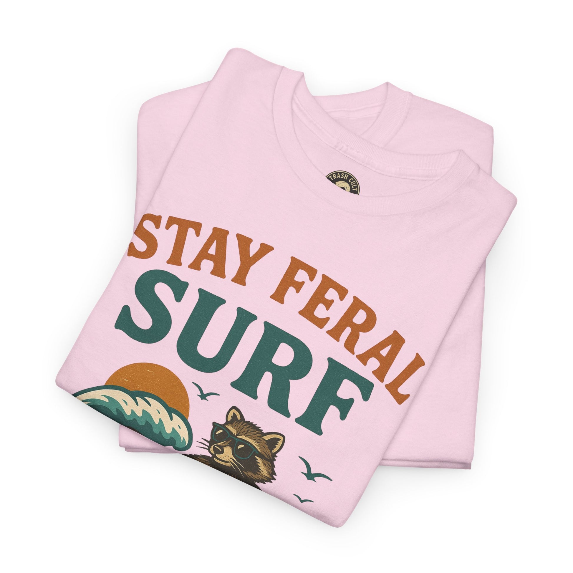 Stay Feral Surf Shirt – Retro Raccoon Beach Tee – Trash Cult Supply Co – Gildan 5000
