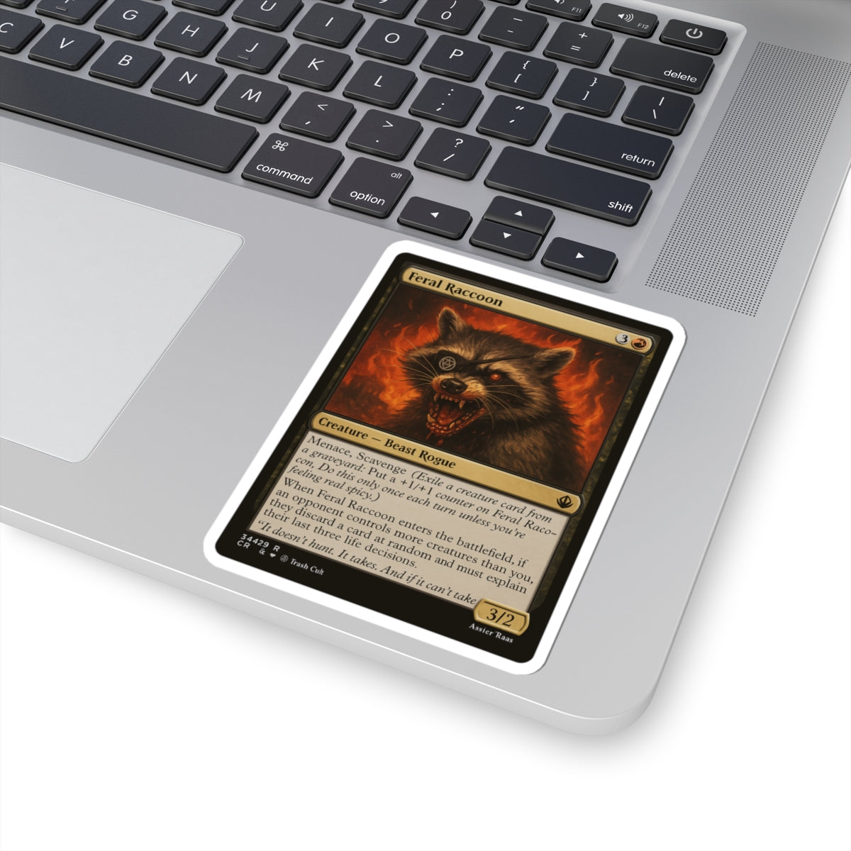 Feral Raccoon Magic Card Sticker – Funny MTG-Inspired Kiss Cut Sticker, Trash Cult Creature Card, Chaotic Beast Rogue