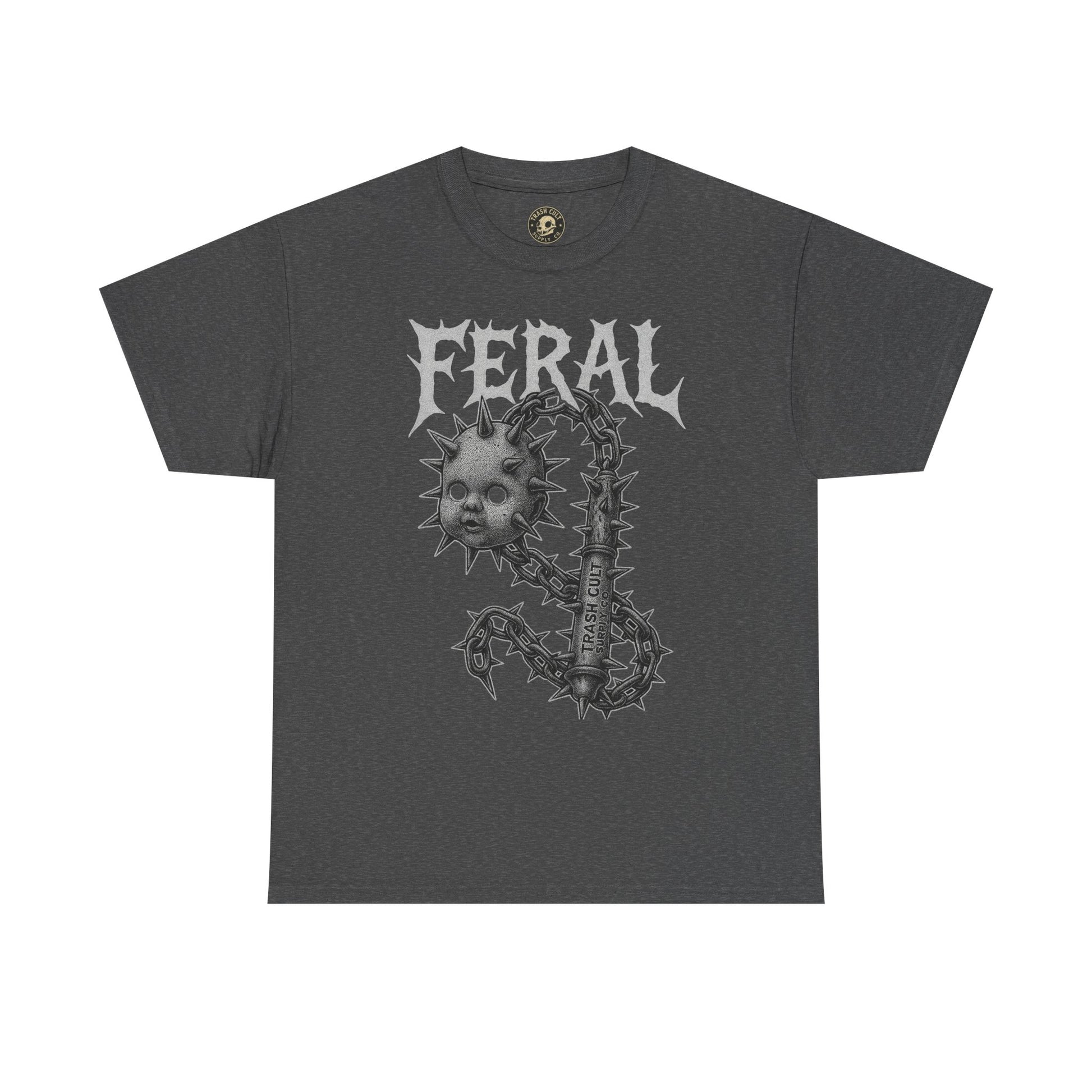 FERAL Spiked Doll Flail Tee – Halftone Gothic Weapon Shirt | Trash Cult Supply Co. | Gildan 5000