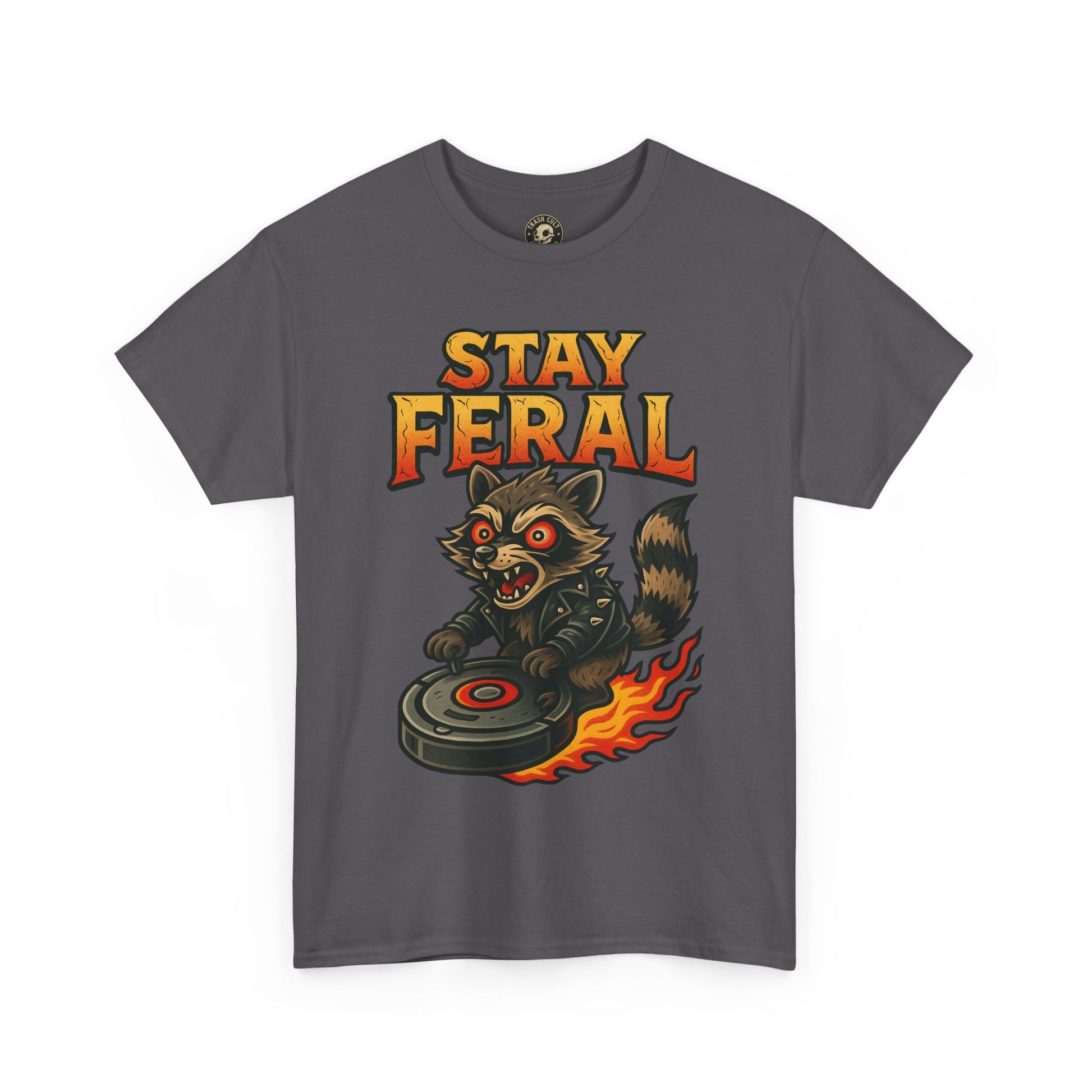 Stay Feral Roomba Raccoon T-Shirt – Bold New School Tattoo Style | Trash Cult Supply Co