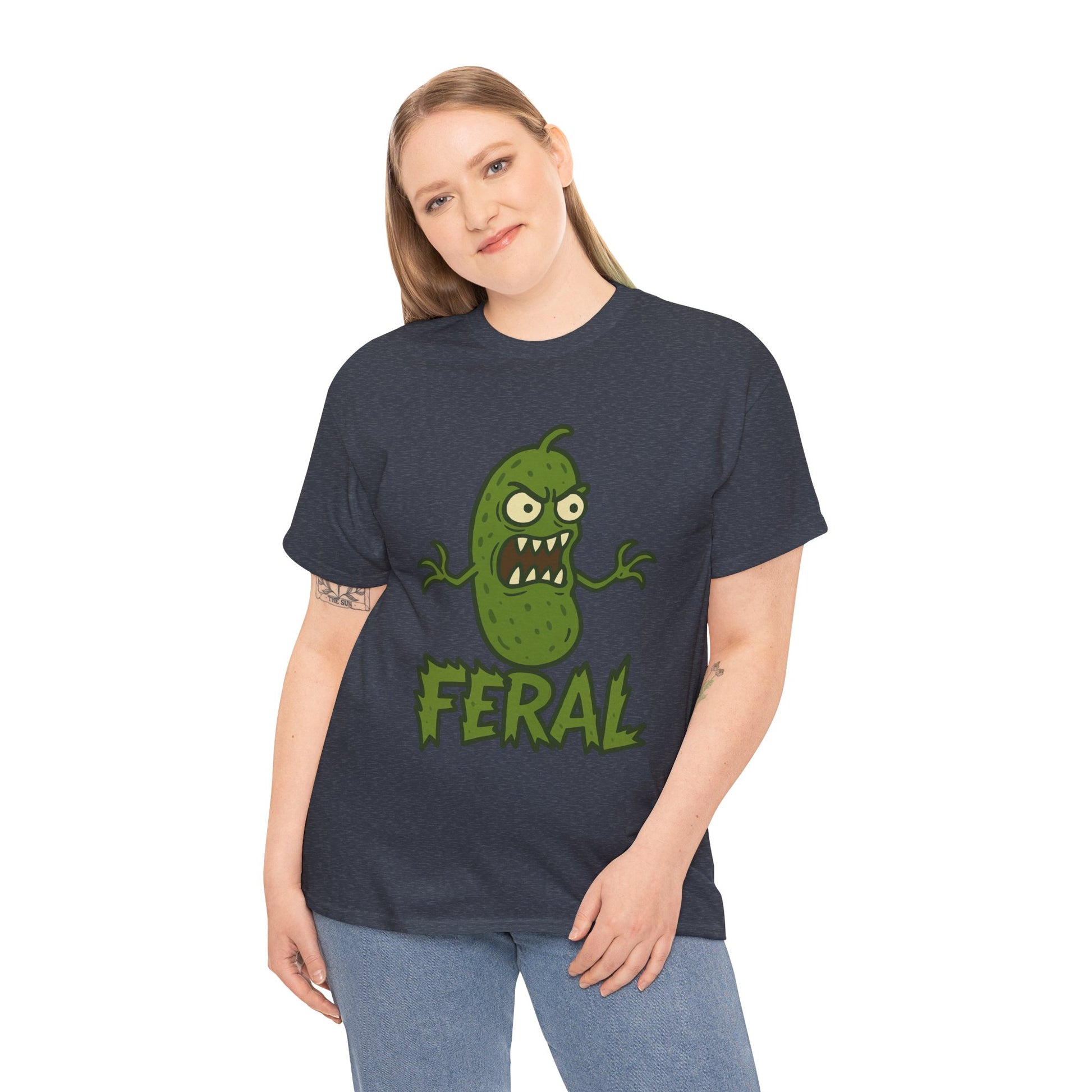 Feral Pickle Cartoon Tee – Trashcore Angry Pickle Shirt – Gildan 5000 Unisex Heavy Cotton