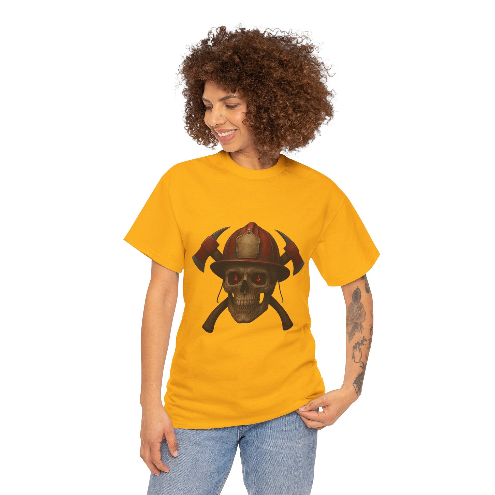 Skull Firefighter Tee, Unisex Heavy Cotton Shirt, Firefighter Gift, Halloween Costume T-Shirt, Unique Graphic Tee, Casual Wear