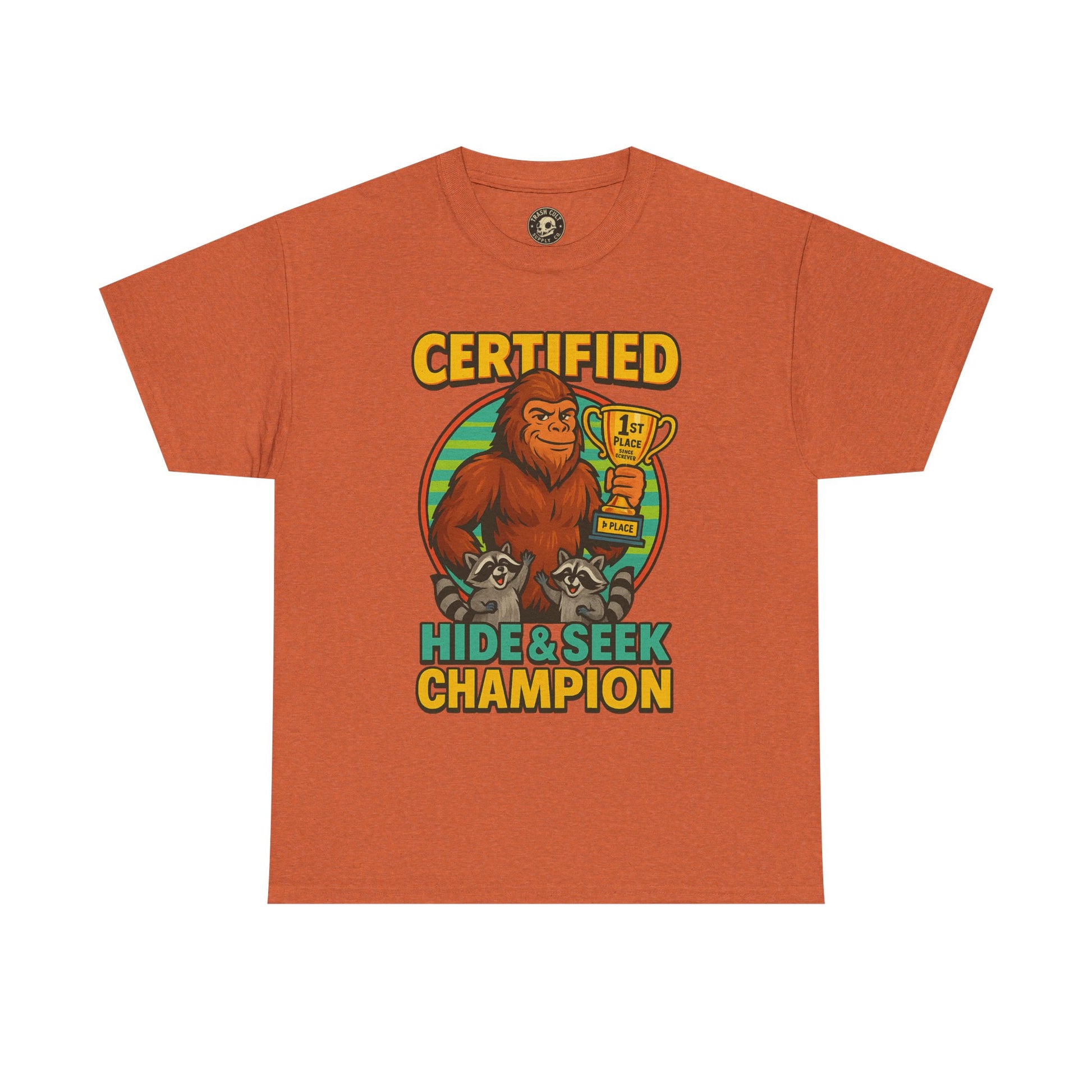 Certified Hide & Seek Champion Bigfoot T-Shirt – Funny Cryptid Shirt – Raccoon Forest Meme Tee – Gildan 5000