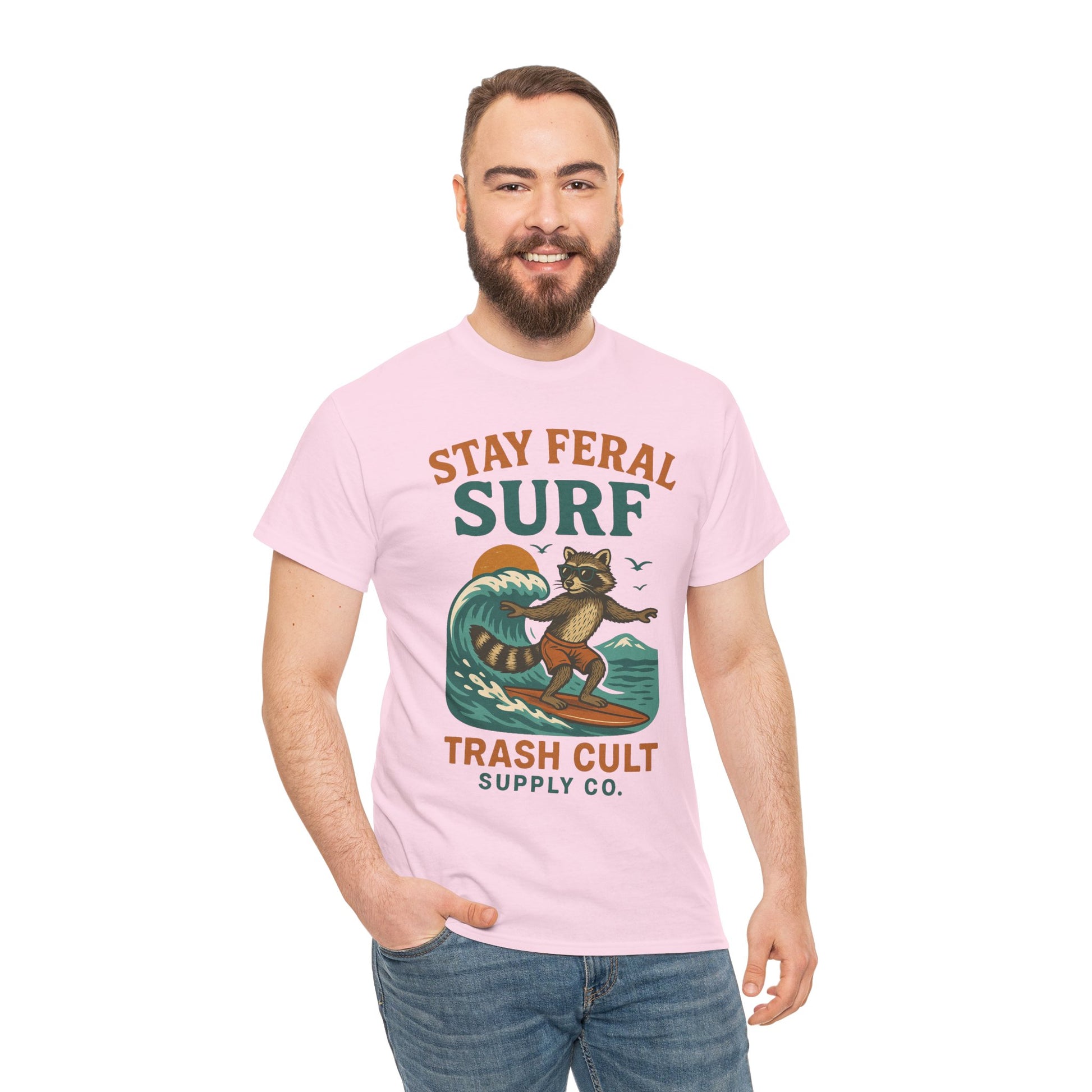 Stay Feral Surf Shirt – Retro Raccoon Beach Tee – Trash Cult Supply Co – Gildan 5000