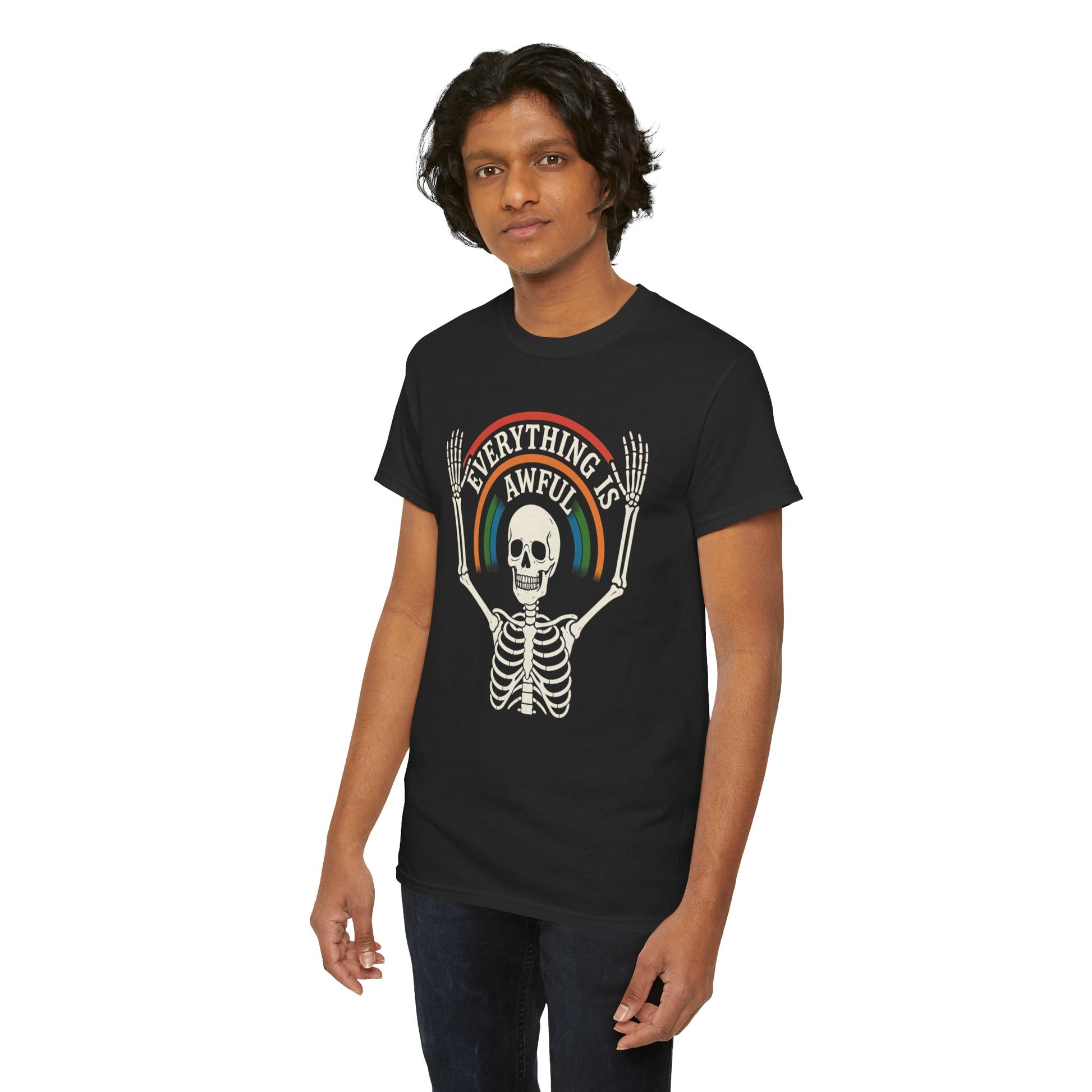 Everything Is Awful Skeleton Rainbow T-Shirt – Funny Vintage Dark Humor Tee – Gildan 5000