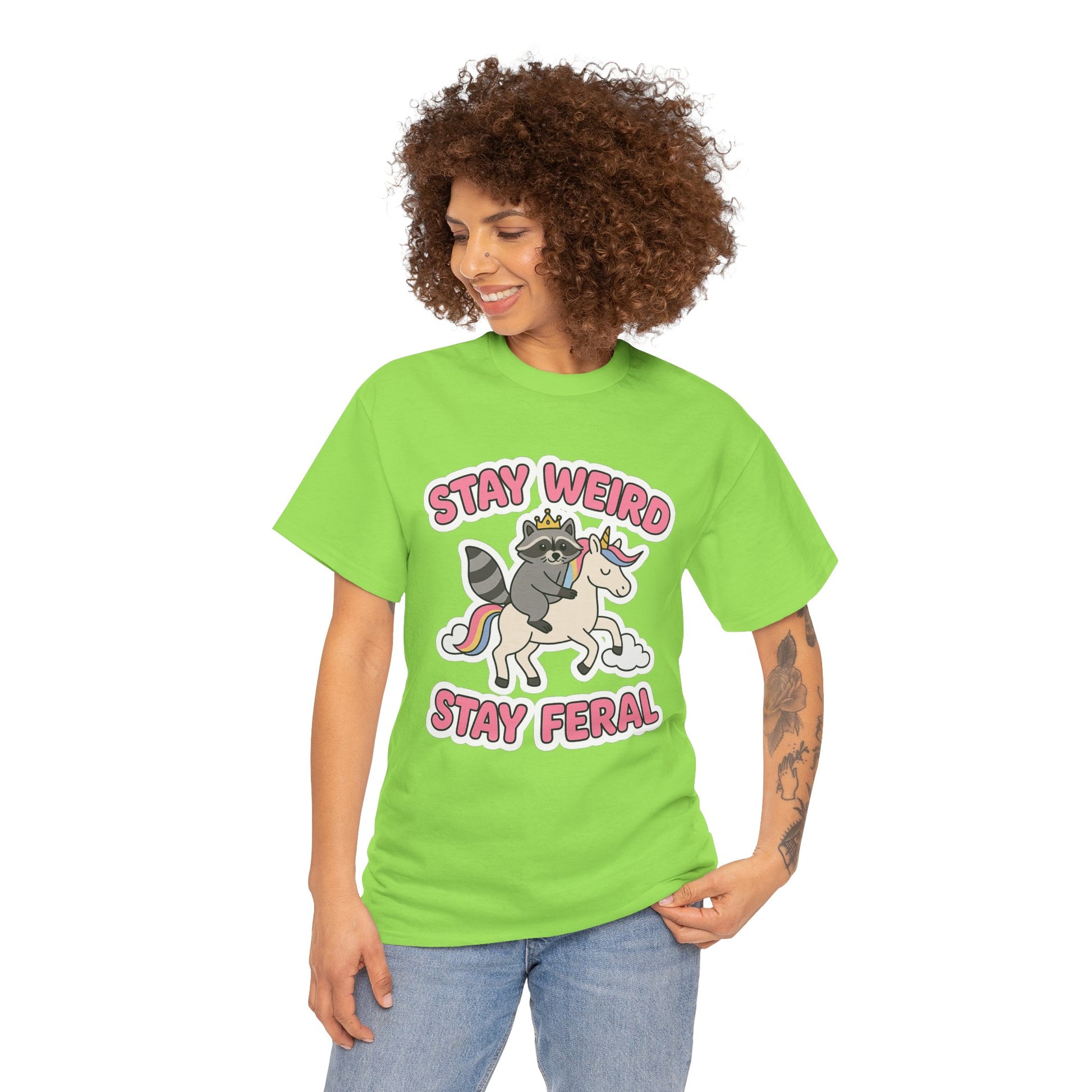Stay Weird Stay Feral Shirt – Raccoon & Unicorn – High Visibility Gildan 5000 Tee