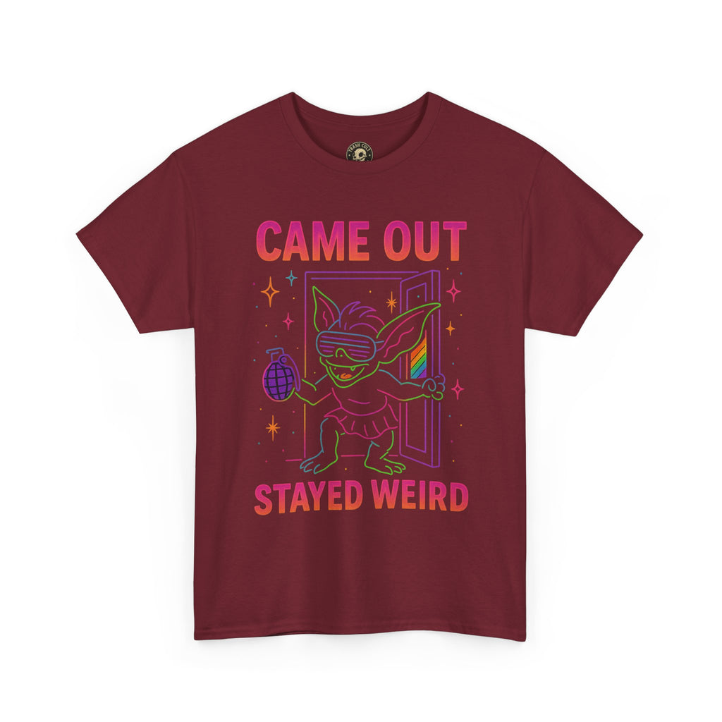 Came Out, Stayed Weird – Neon Gremlin Pride T-Shirt | Gildan Unisex Heavy Cotton Tee | LGBTQ+ Graphic Shirt