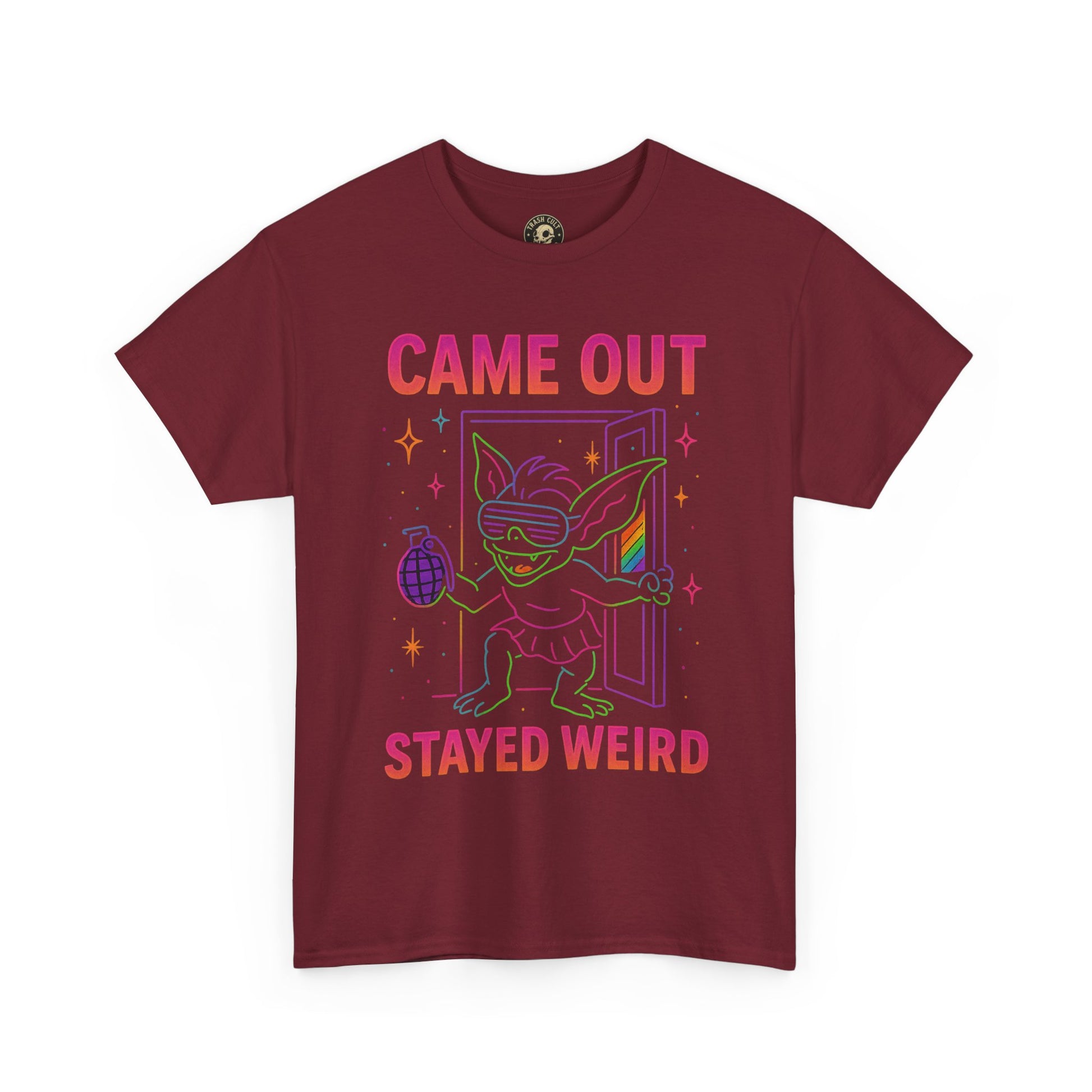 Came Out, Stayed Weird – Neon Gremlin Pride T-Shirt | Gildan Unisex Heavy Cotton Tee | LGBTQ+ Graphic Shirt