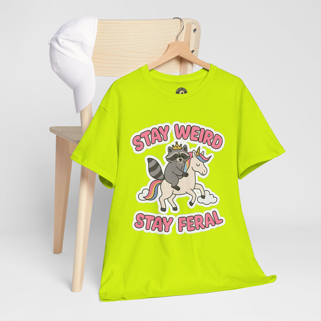 Stay Weird Stay Feral Shirt – Raccoon & Unicorn – High Visibility Gildan 5000 Tee