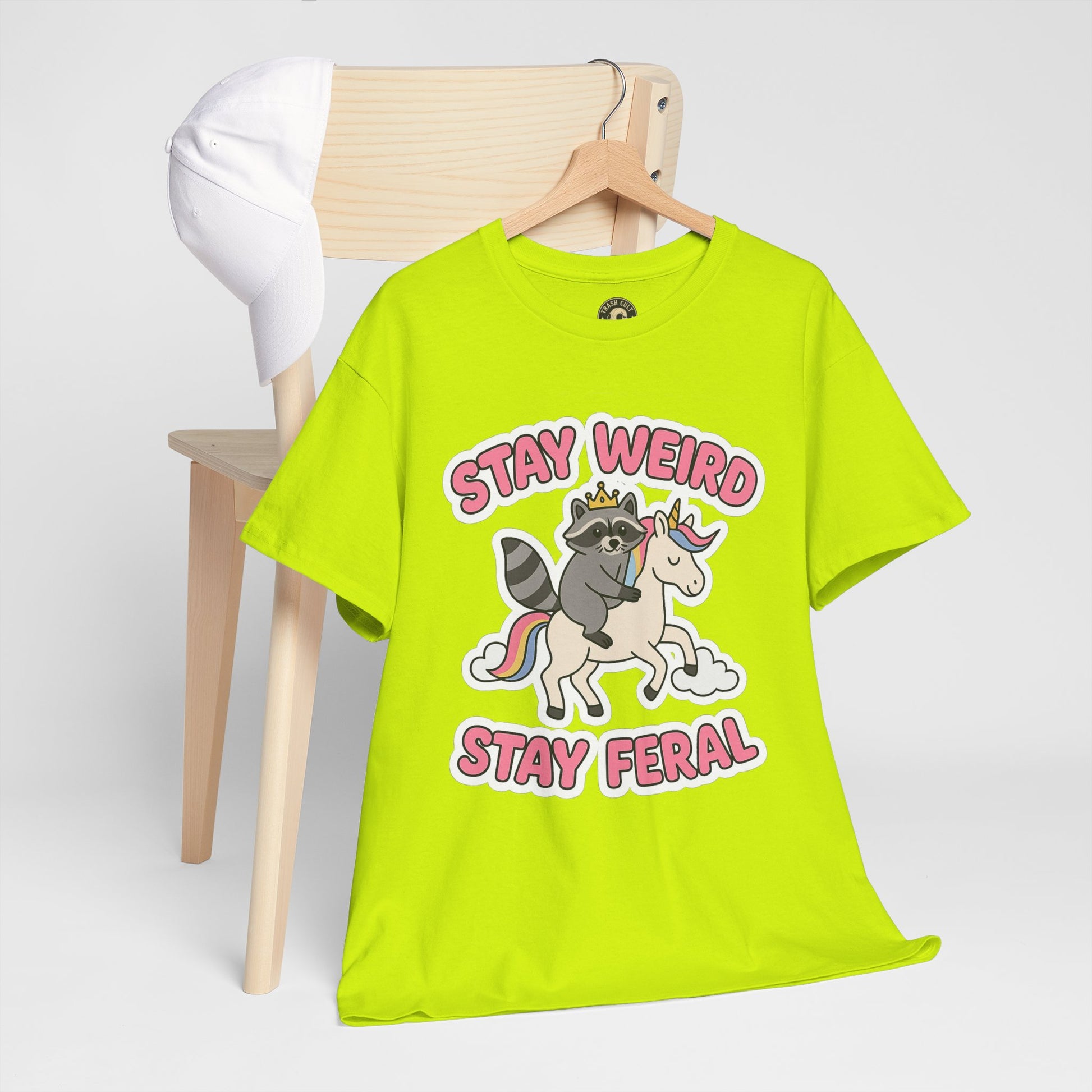 Stay Weird Stay Feral Shirt – Raccoon & Unicorn – High Visibility Gildan 5000 Tee