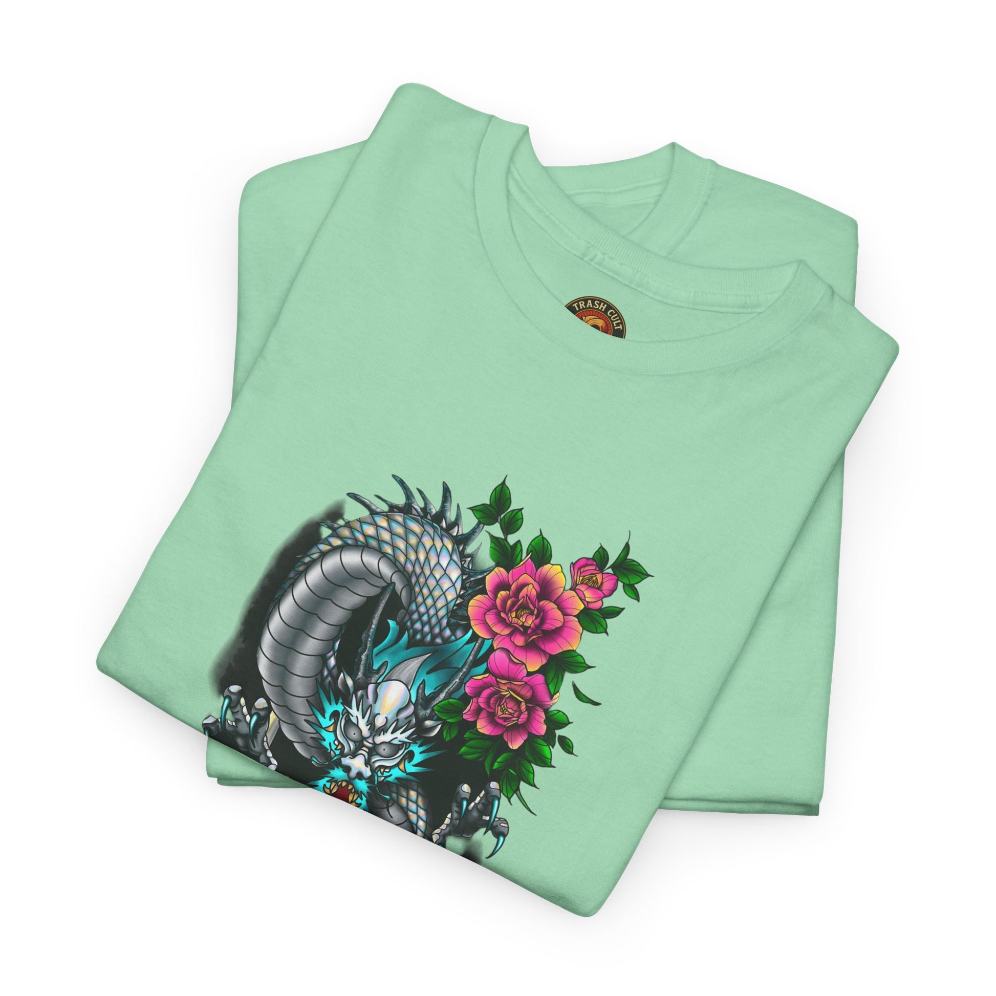 Mythic Dragon & Peonies Tattoo T-Shirt – Lara Davenport x Trash Cult Supply Co. Collab (Gildan 5000)