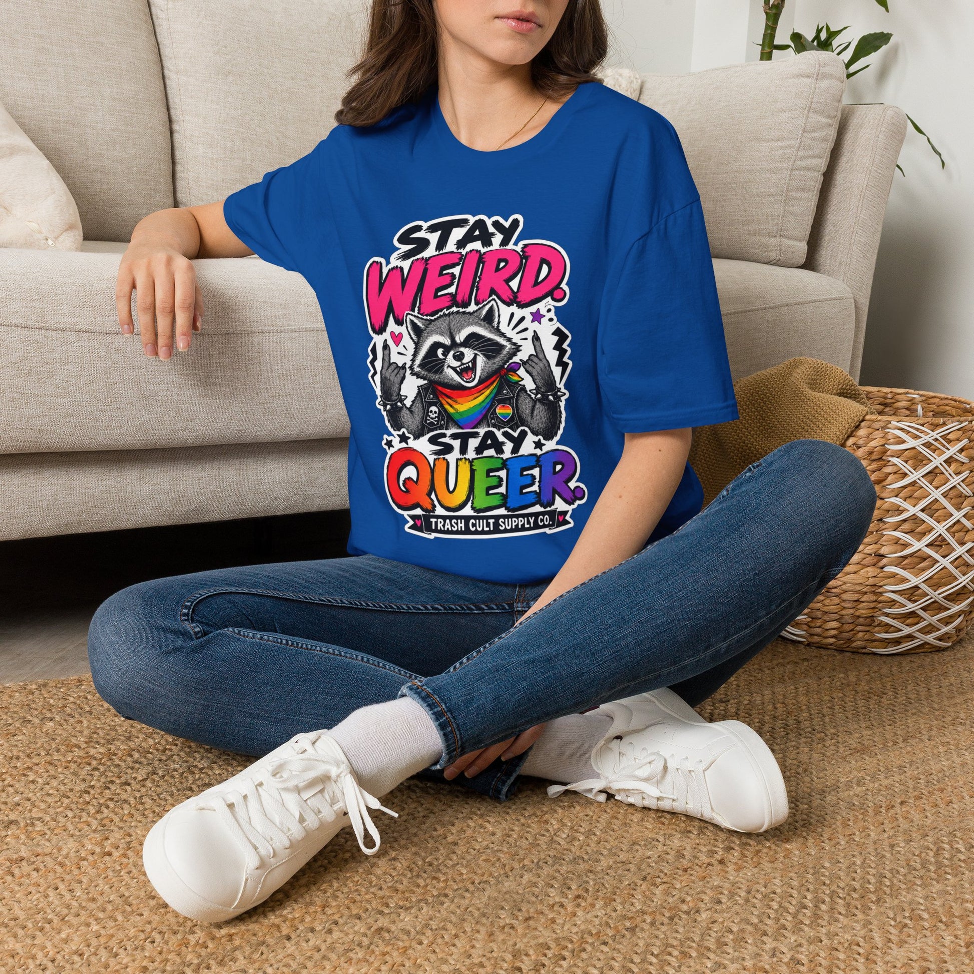 T-Shirt — "Stay Weird" Pride Raccoon Tee (Stay Queer)