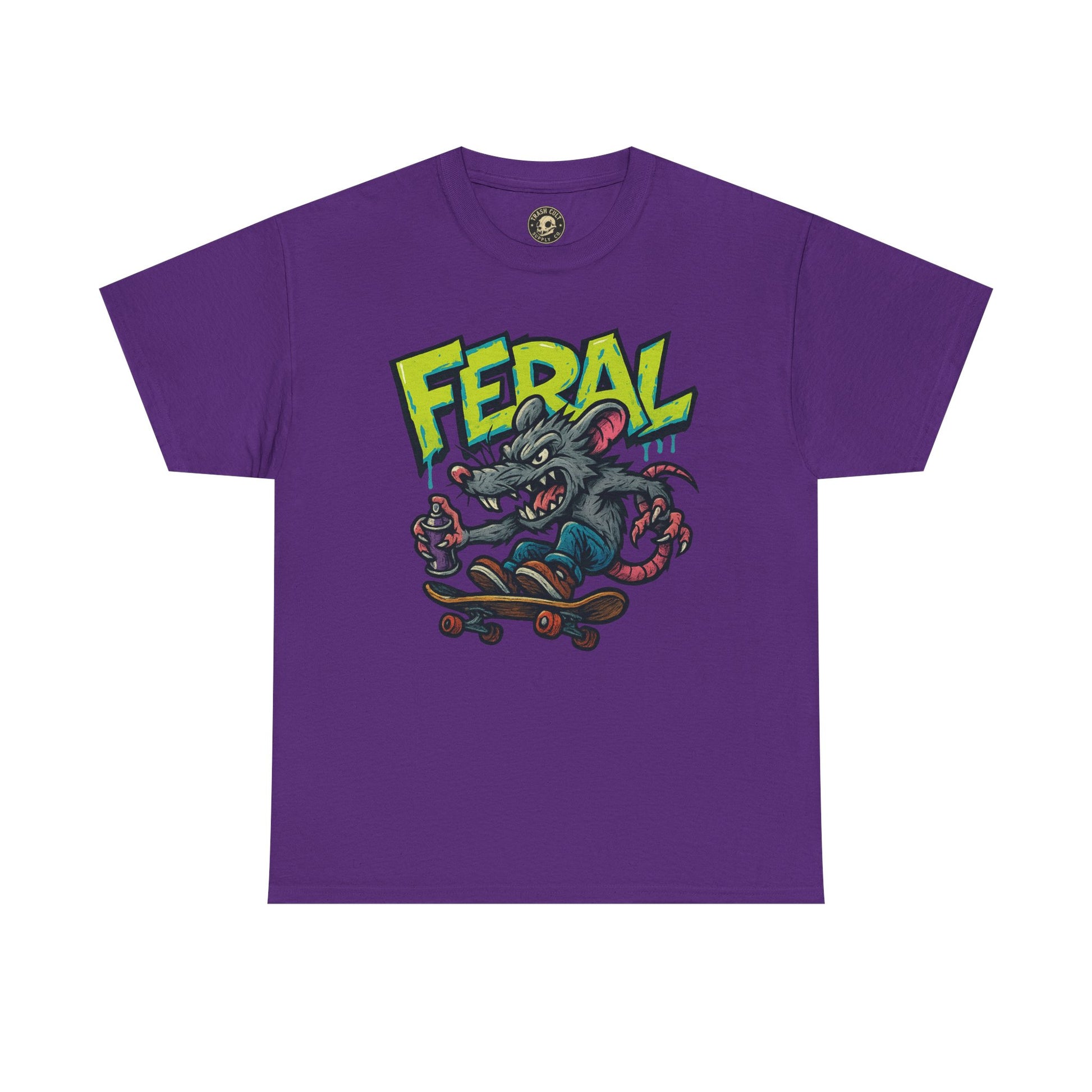 FERAL Graffiti Rat Skate Tee – Street Art Spray Can Mouse on Skateboard | Gildan 5000 Heavy Cotton Shirt