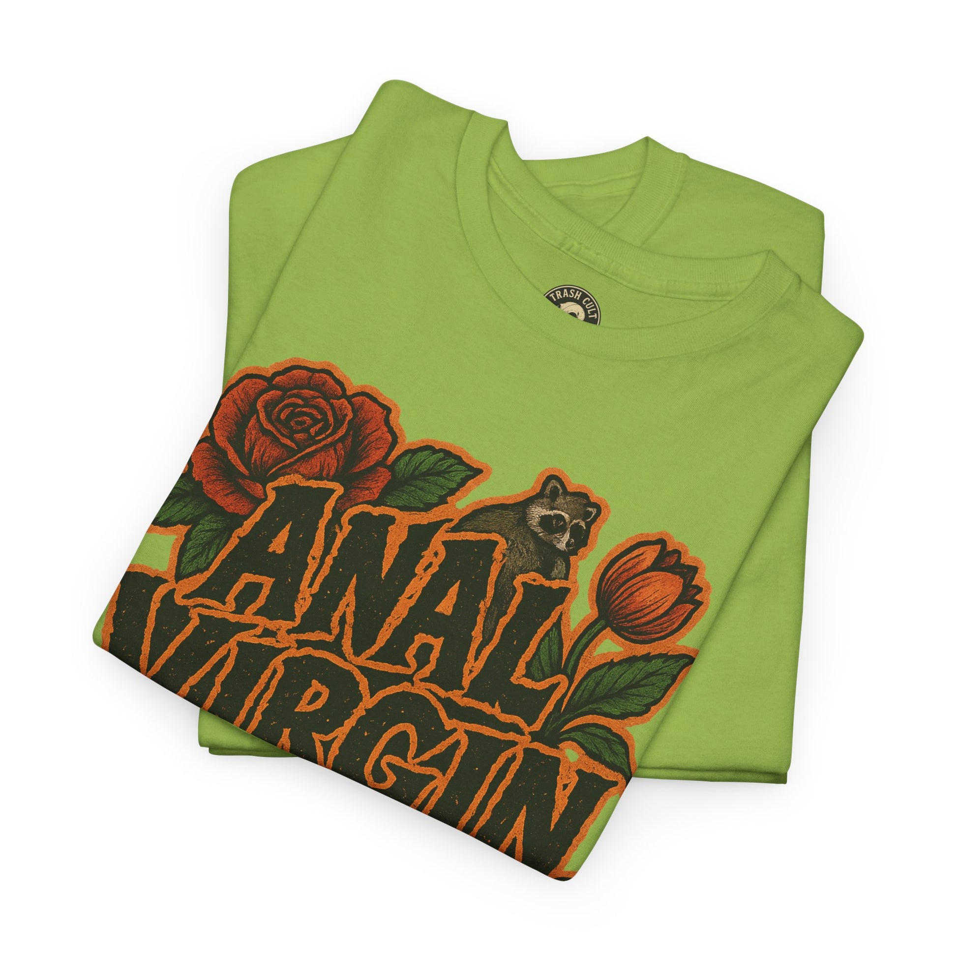 Anal Virgin Bold Floral Trashcore Tee – Funny Raccoon Shirt – Gildan 5000
