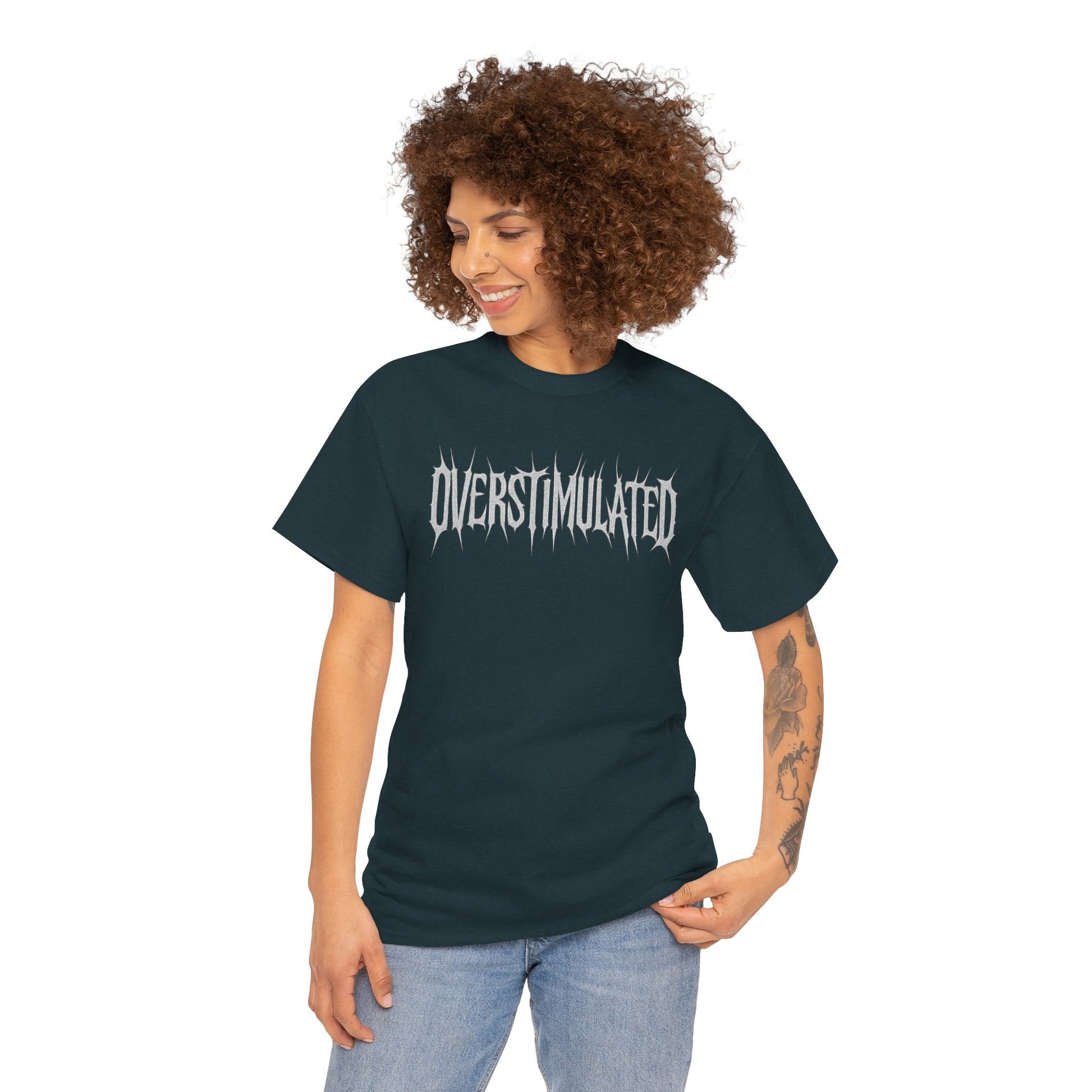 OVERSTIMULATED Metalcore Grunge Shirt – White on Black Distressed Font Tee