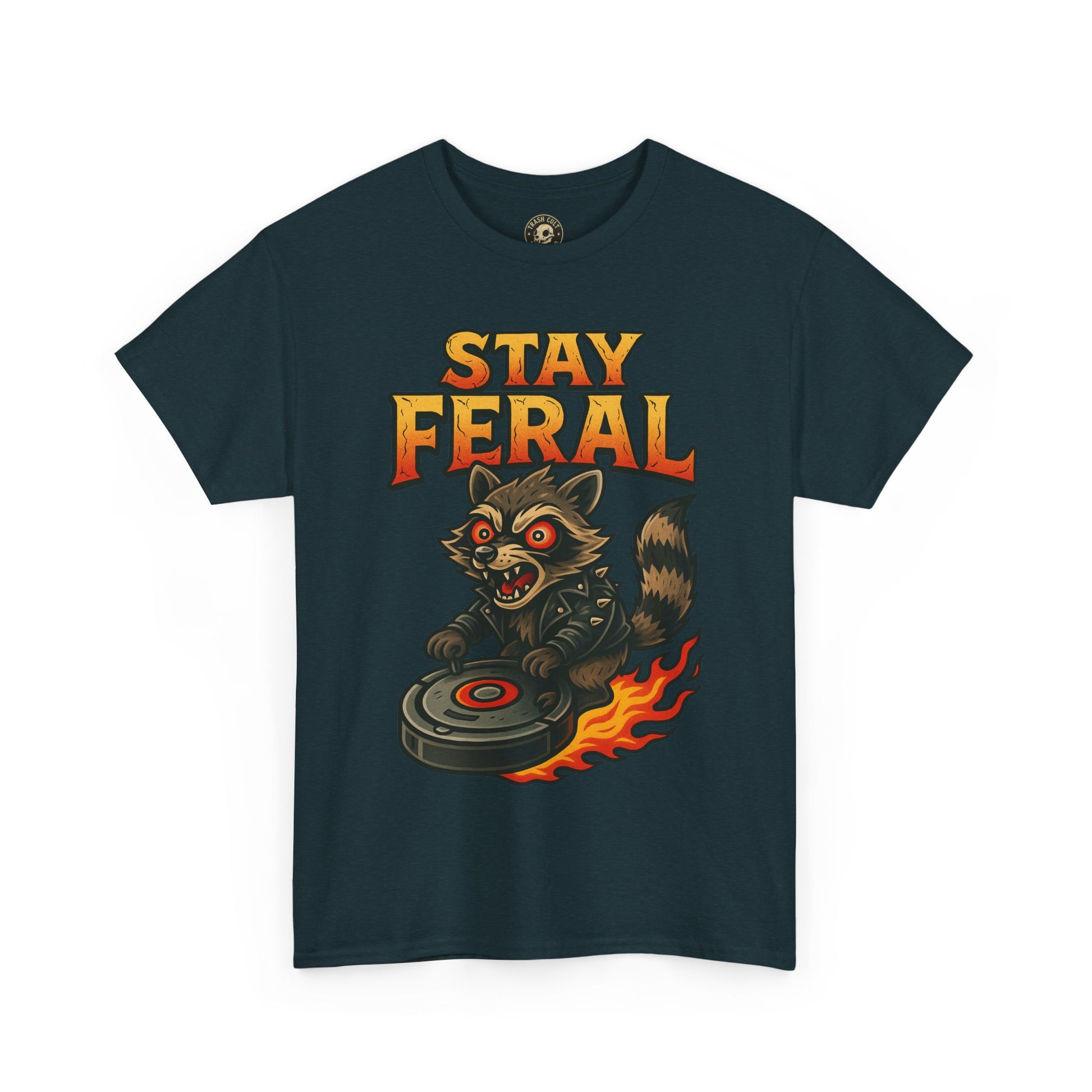 Stay Feral Roomba Raccoon T-Shirt – Bold New School Tattoo Style | Trash Cult Supply Co