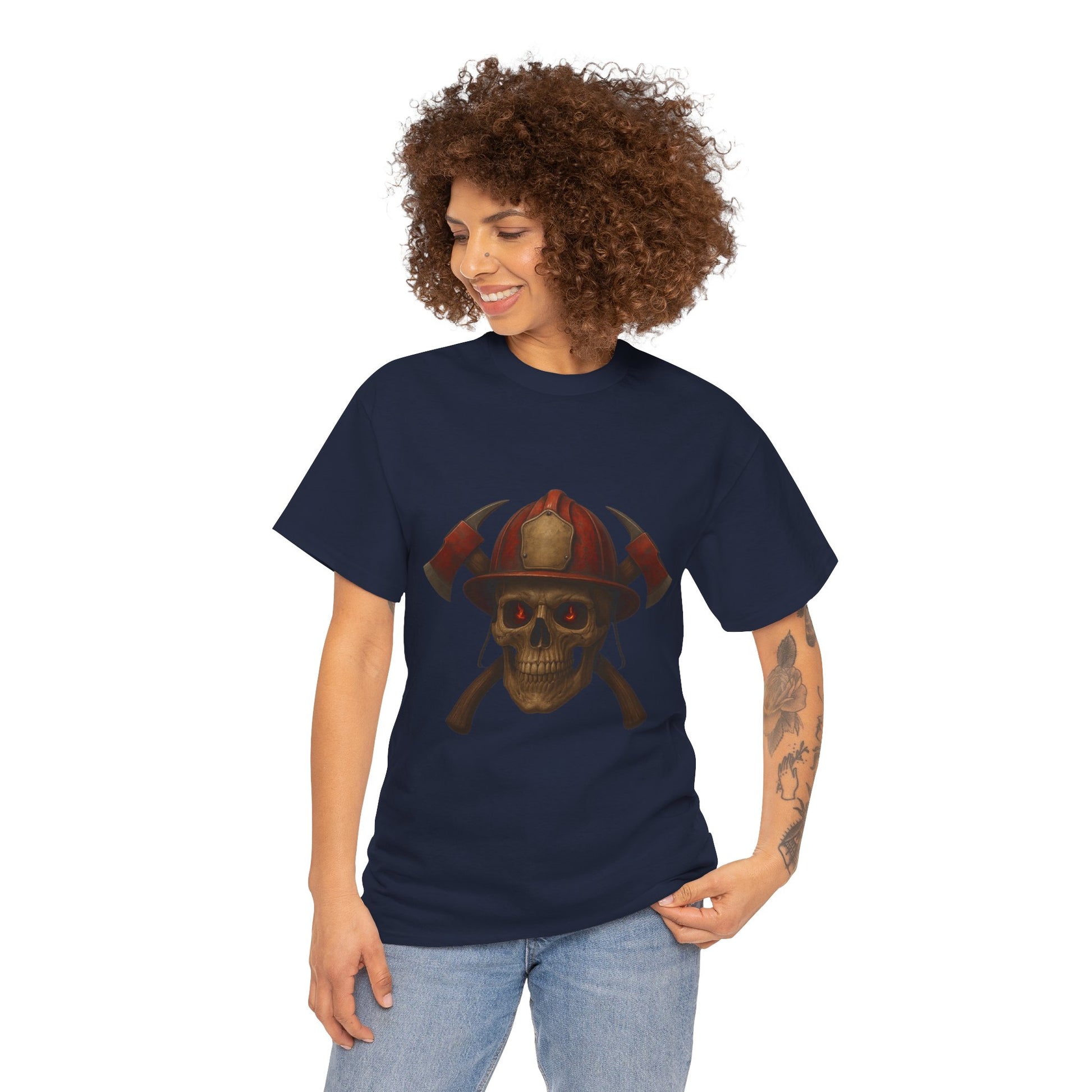 Skull Firefighter Tee, Unisex Heavy Cotton Shirt, Firefighter Gift, Halloween Costume T-Shirt, Unique Graphic Tee, Casual Wear