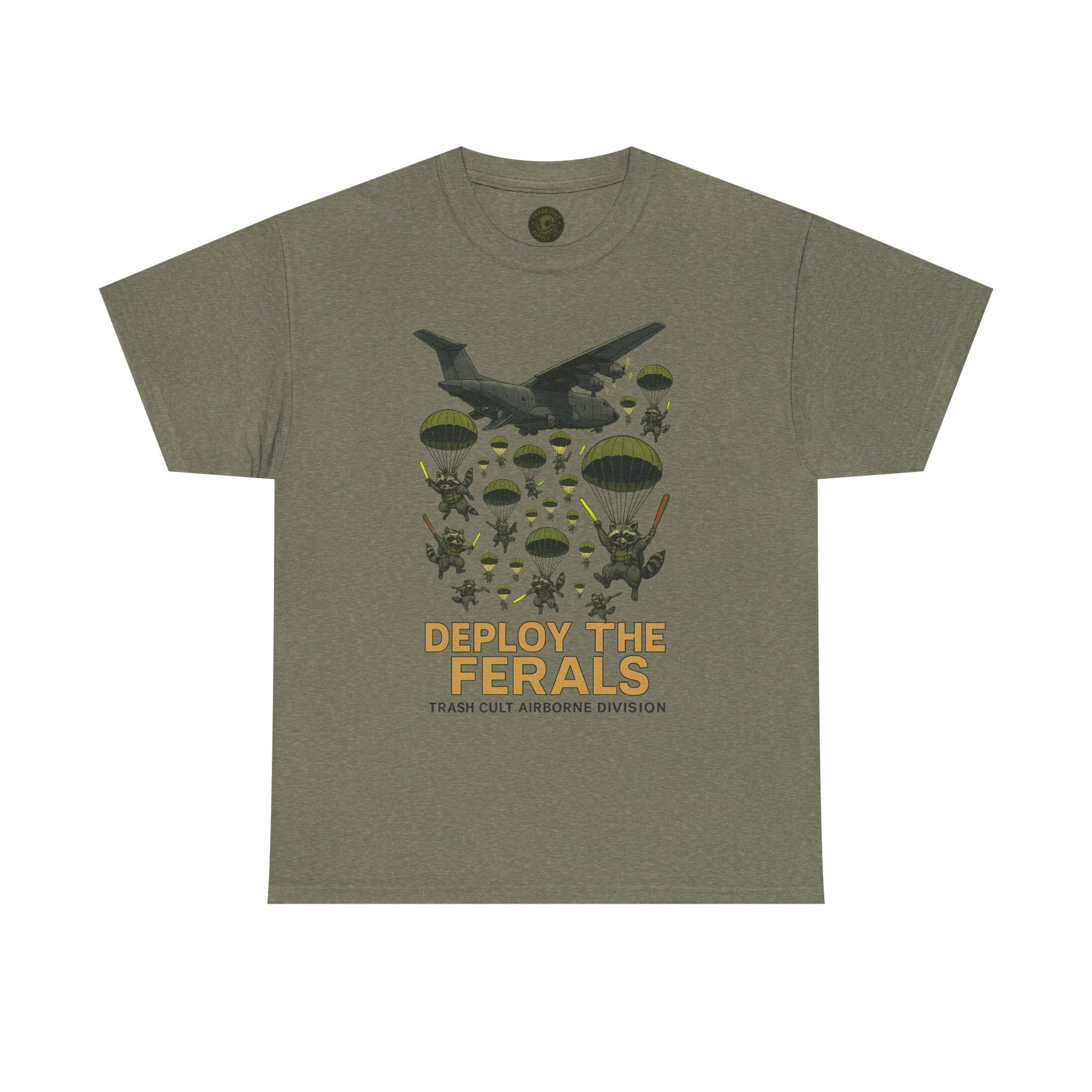 Deploy the Ferals T-Shirt – Airborne Raccoon Drop Graphic | Trash Cult Supply Co. | Gildan 5000 Heavy Cotton Tee