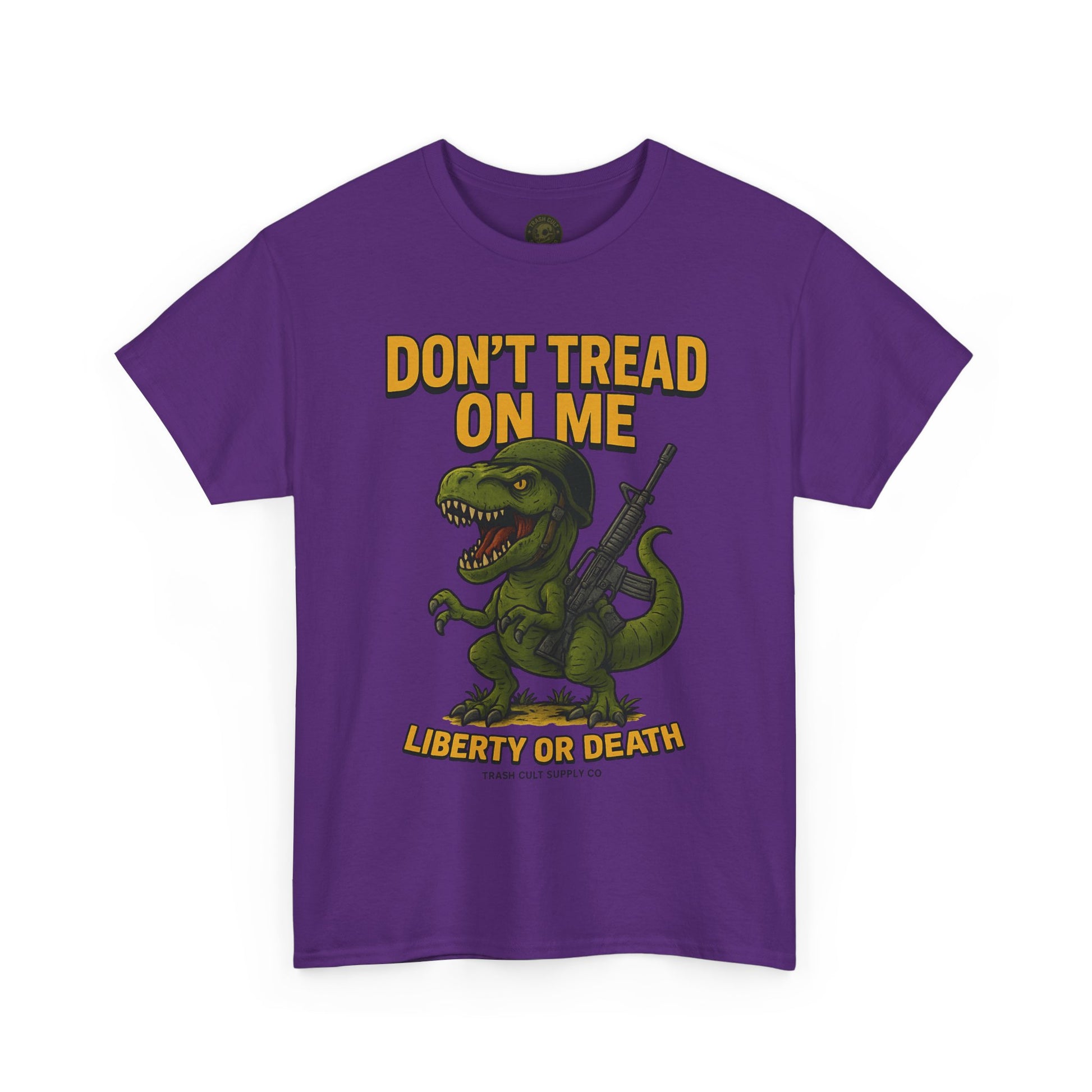 Don’t Tread On Me T-Rex T-Shirt – Liberty or Death Graphic | Trash Cult Supply Co. | Gildan 5000 Heavy Cotton