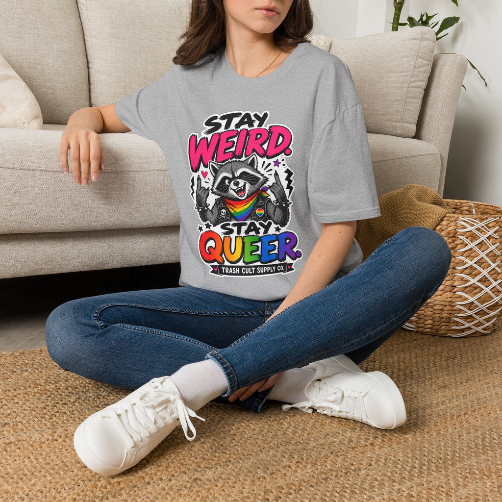 T-Shirt — "Stay Weird" Pride Raccoon Tee (Stay Queer)