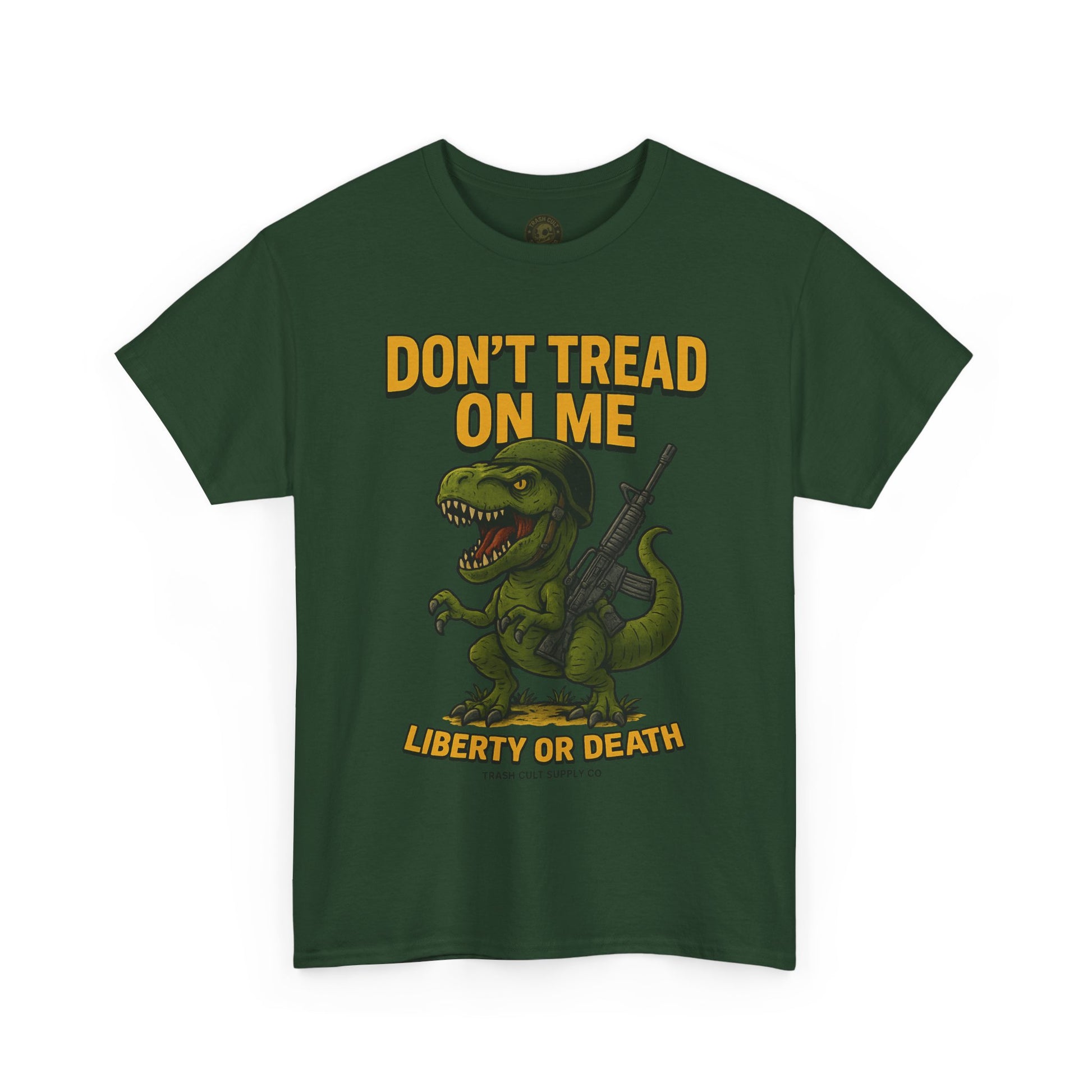 Don’t Tread On Me T-Rex T-Shirt – Liberty or Death Graphic | Trash Cult Supply Co. | Gildan 5000 Heavy Cotton