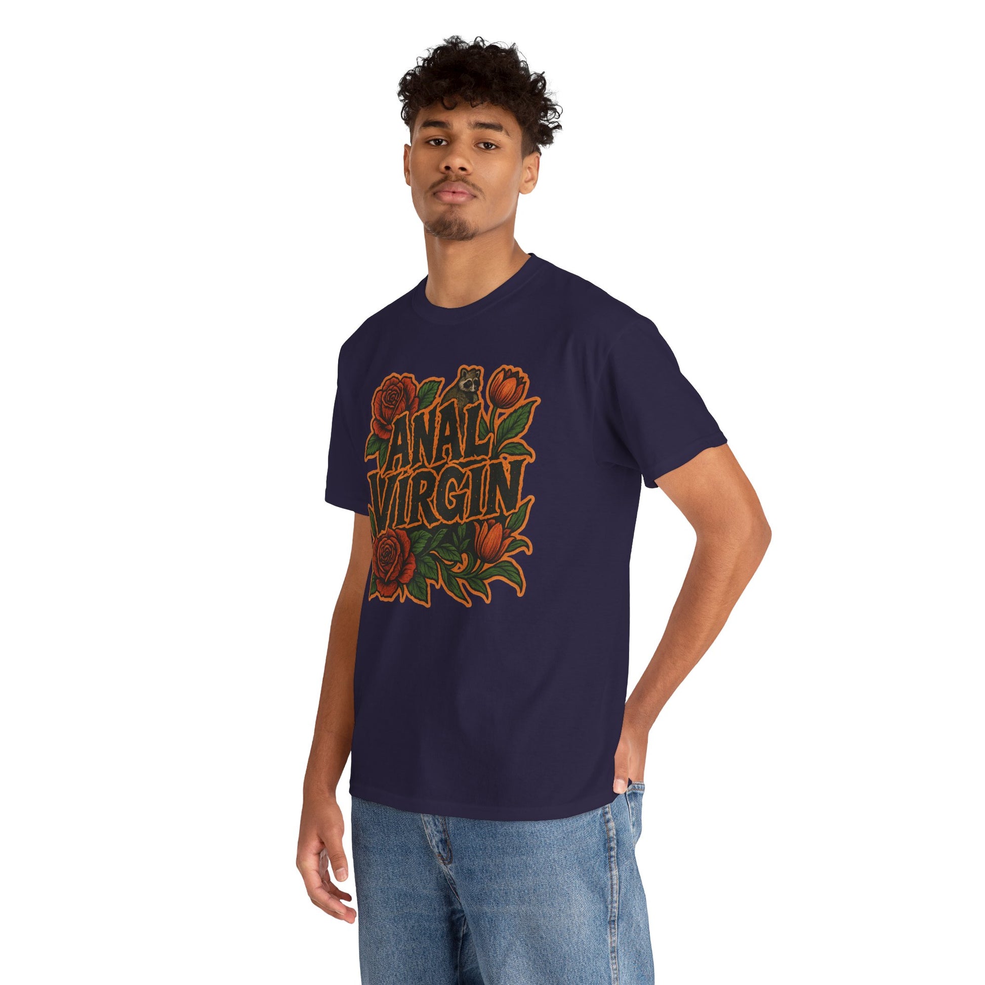 Anal Virgin Bold Floral Trashcore Tee – Funny Raccoon Shirt – Gildan 5000