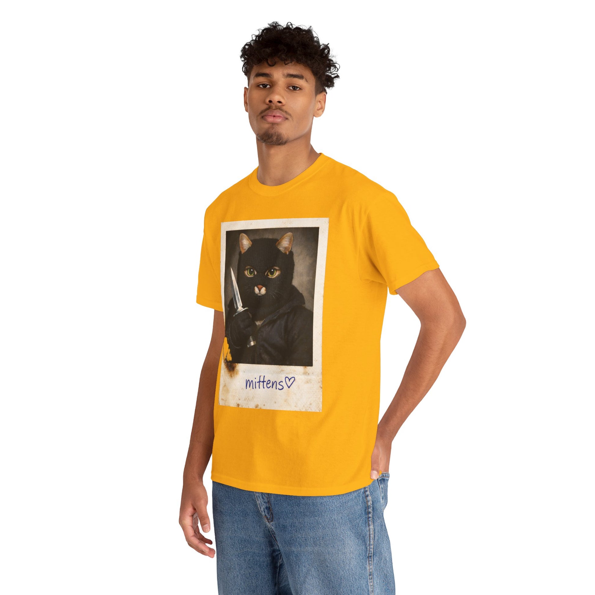 Cat With Knife Tee — "Mittens" Dark Humor Vintage Polaroid Graphic T-Shirt